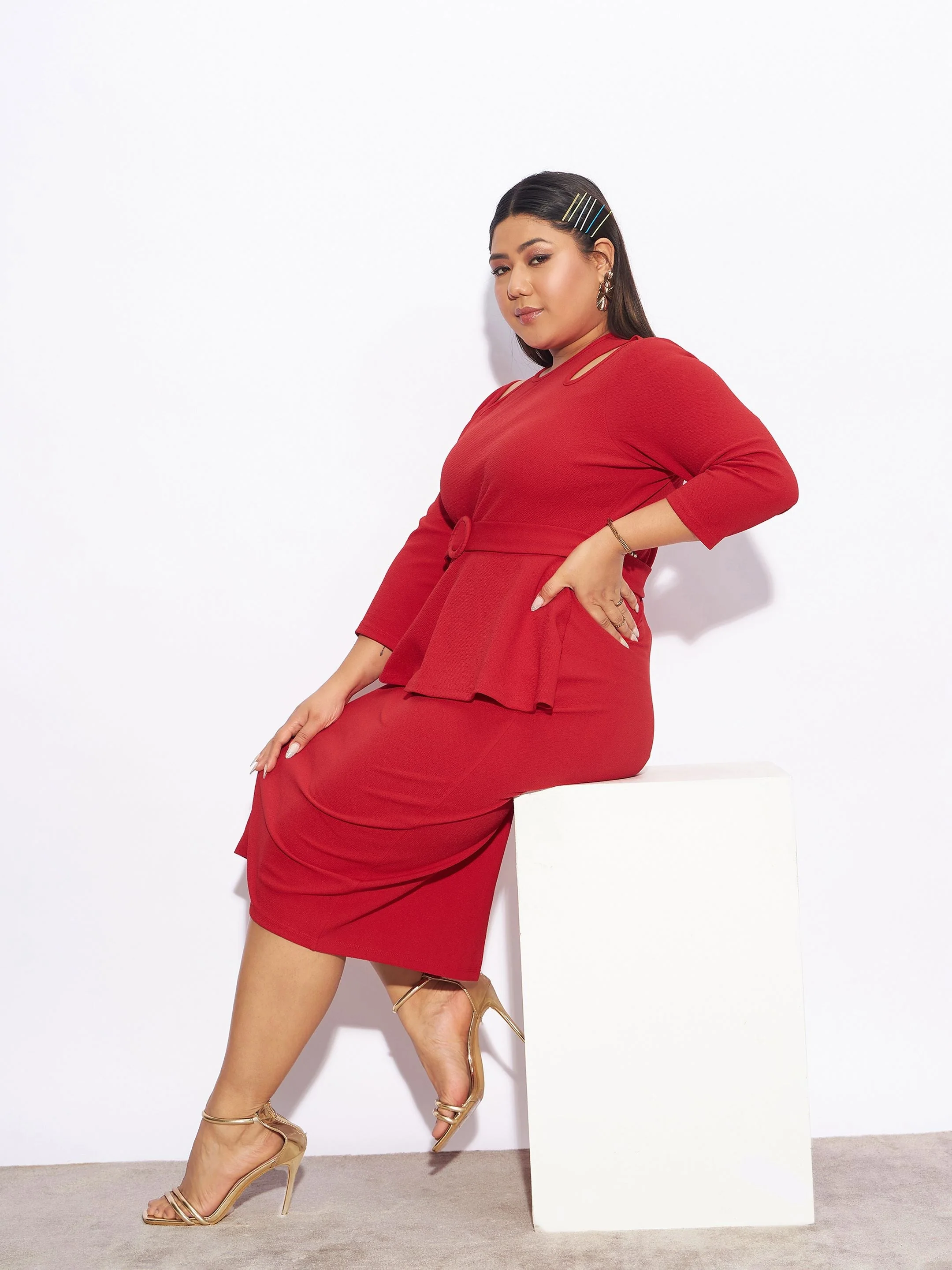 Women Red Front Peplum Bodycon Dress - Image 2