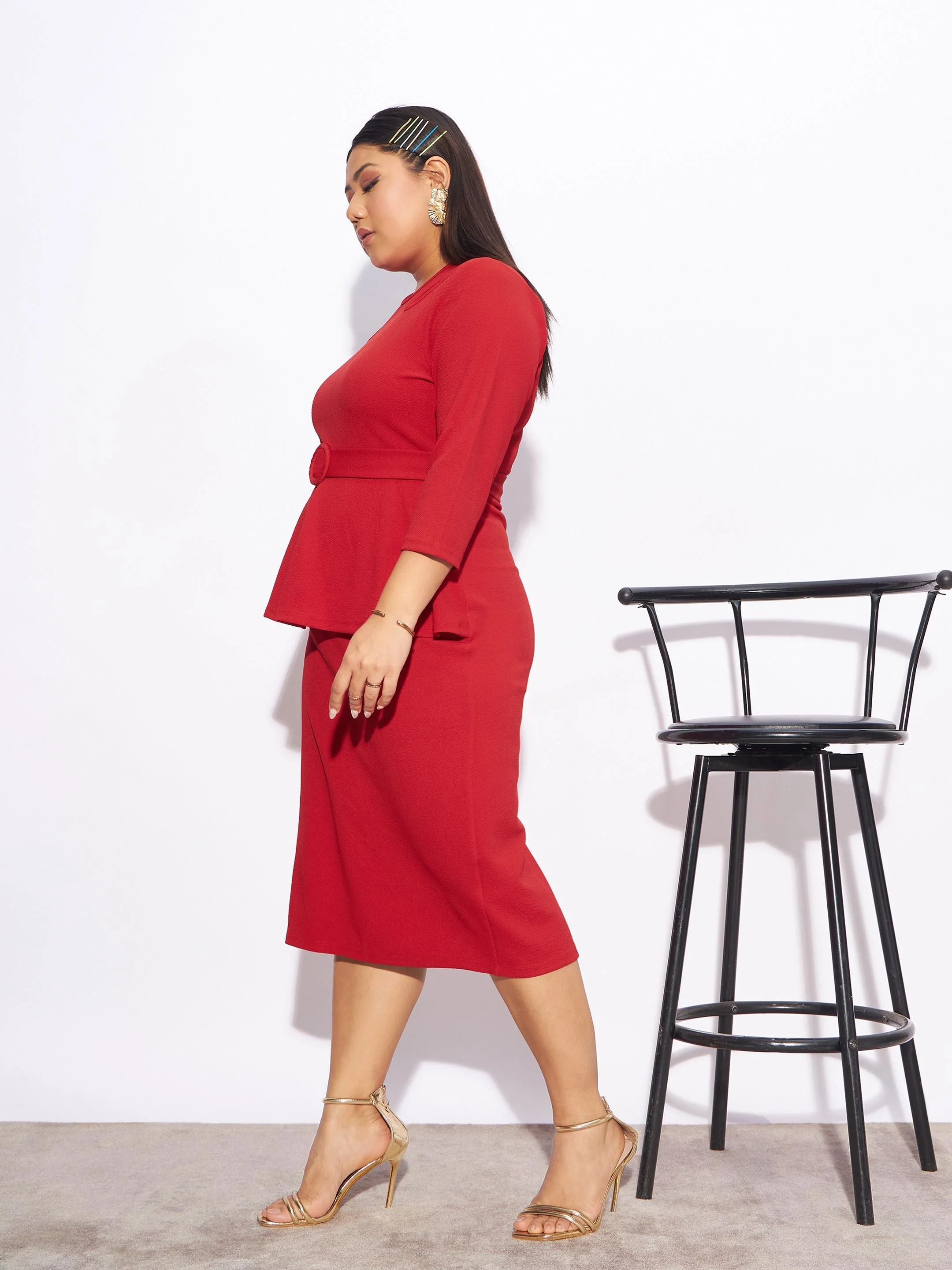 Women Red Front Peplum Bodycon Dress - Image 3