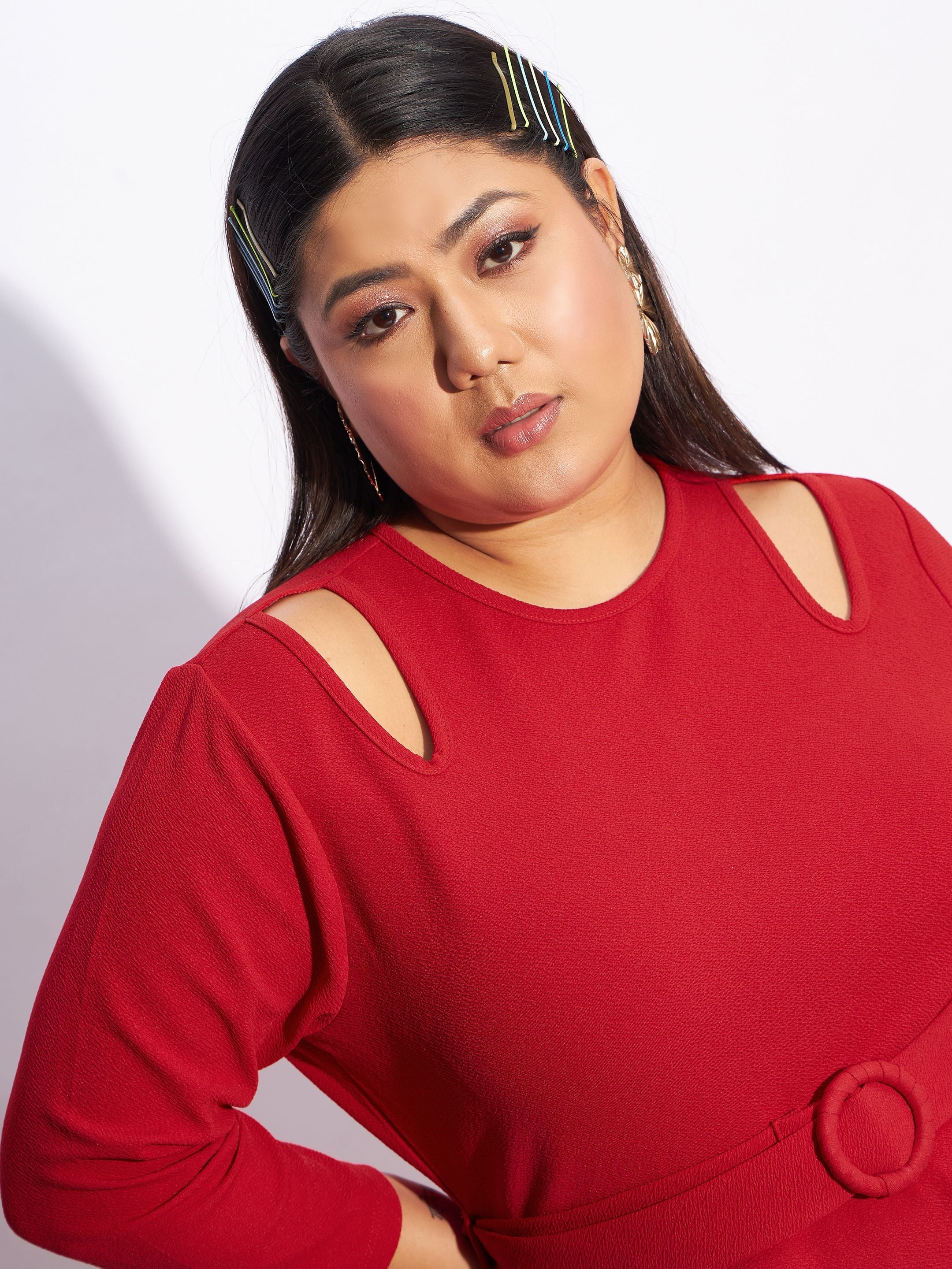 Women Red Front Peplum Bodycon Dress - Image 4