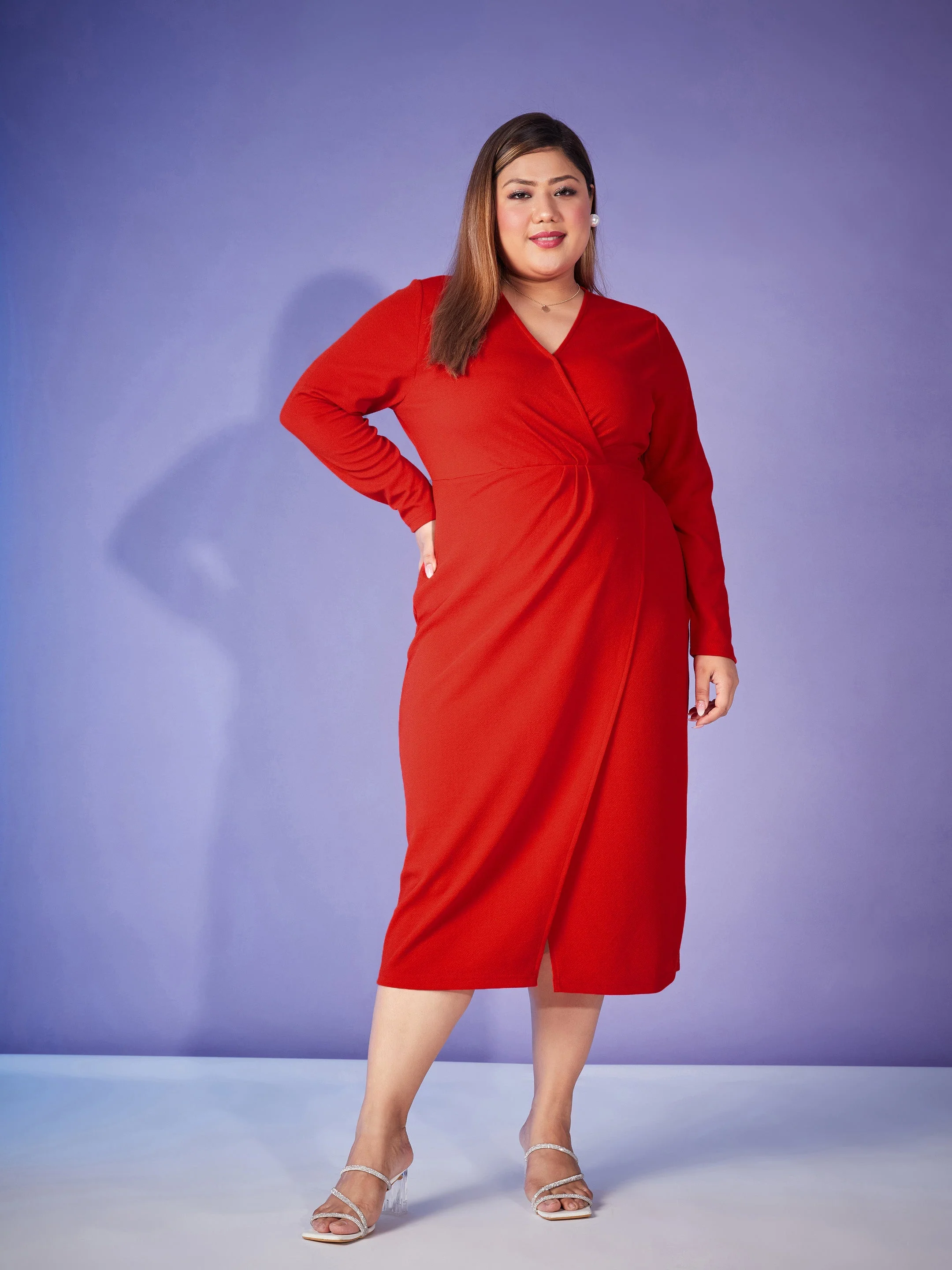 Women Red Front Wrap Bodycon Midi Dress - Image 2