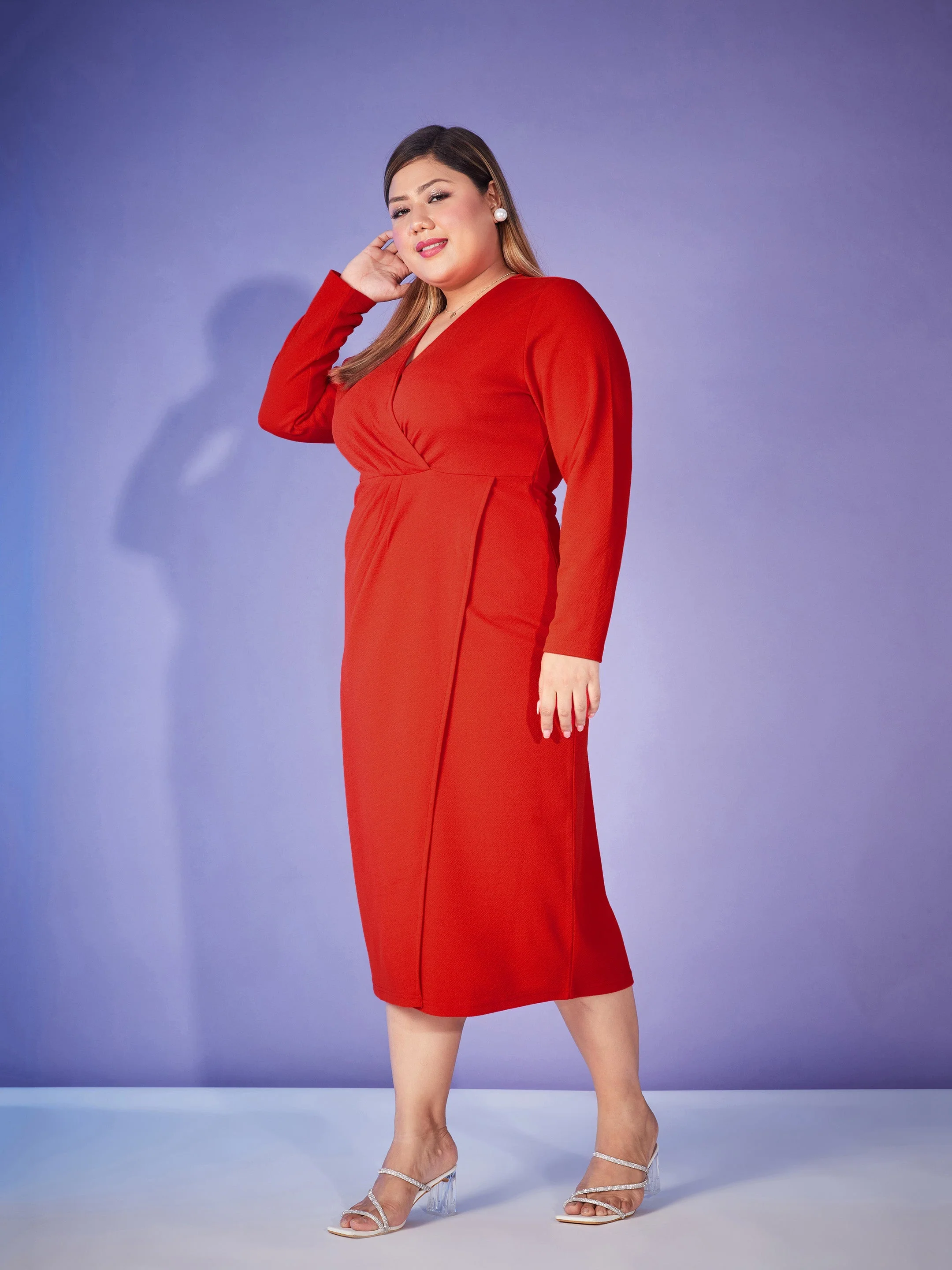 Women Red Front Wrap Bodycon Midi Dress - Image 3