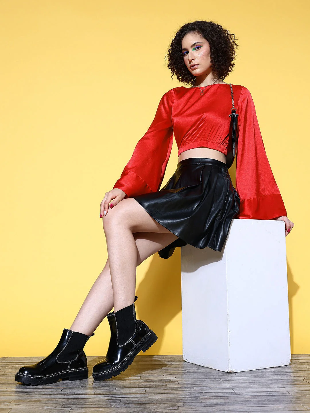 Women Red Gold Satin Flared Sleeve Crop Top - Image 2