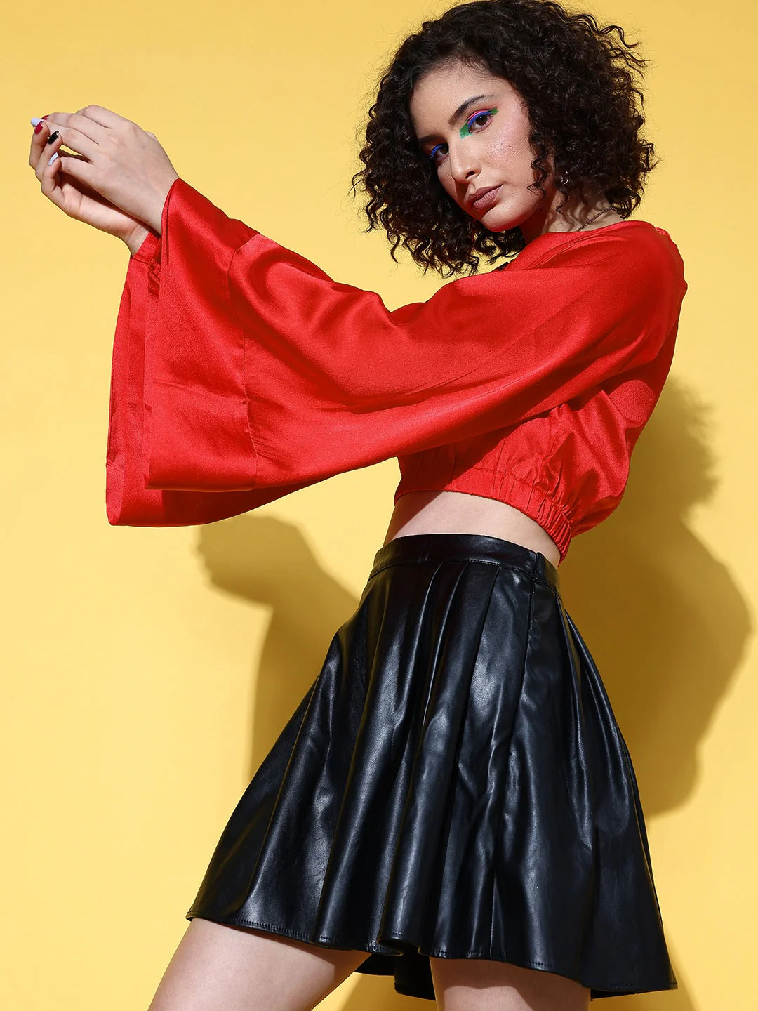 Women Red Gold Satin Flared Sleeve Crop Top - Image 3