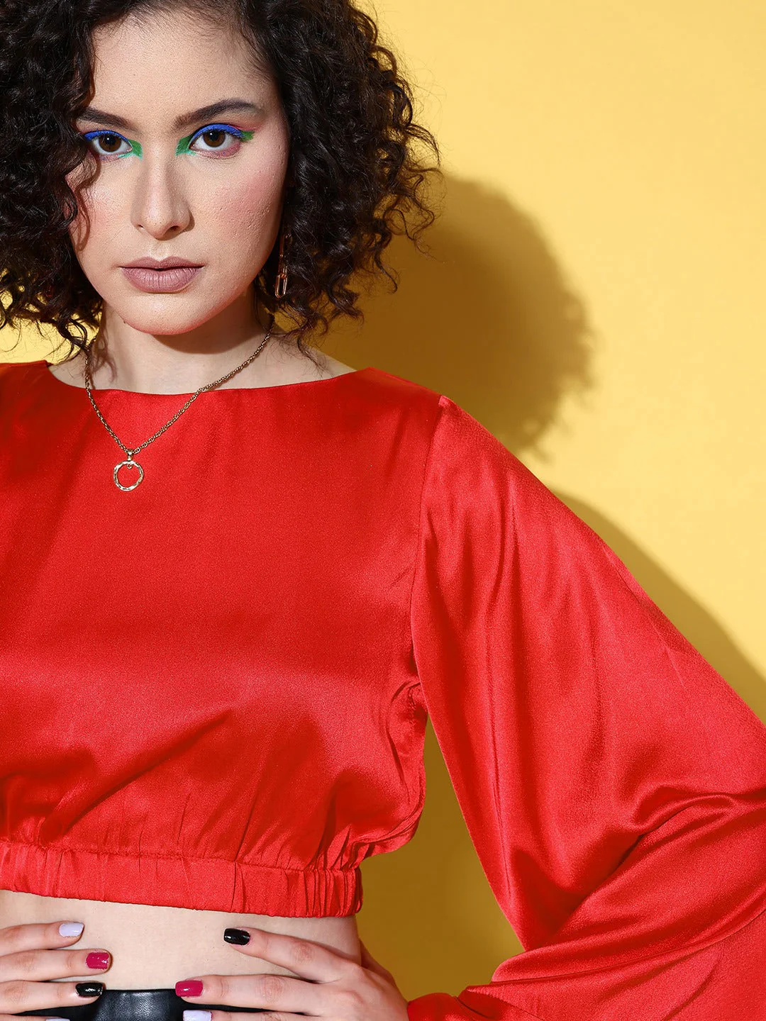 Women Red Gold Satin Flared Sleeve Crop Top - Image 4