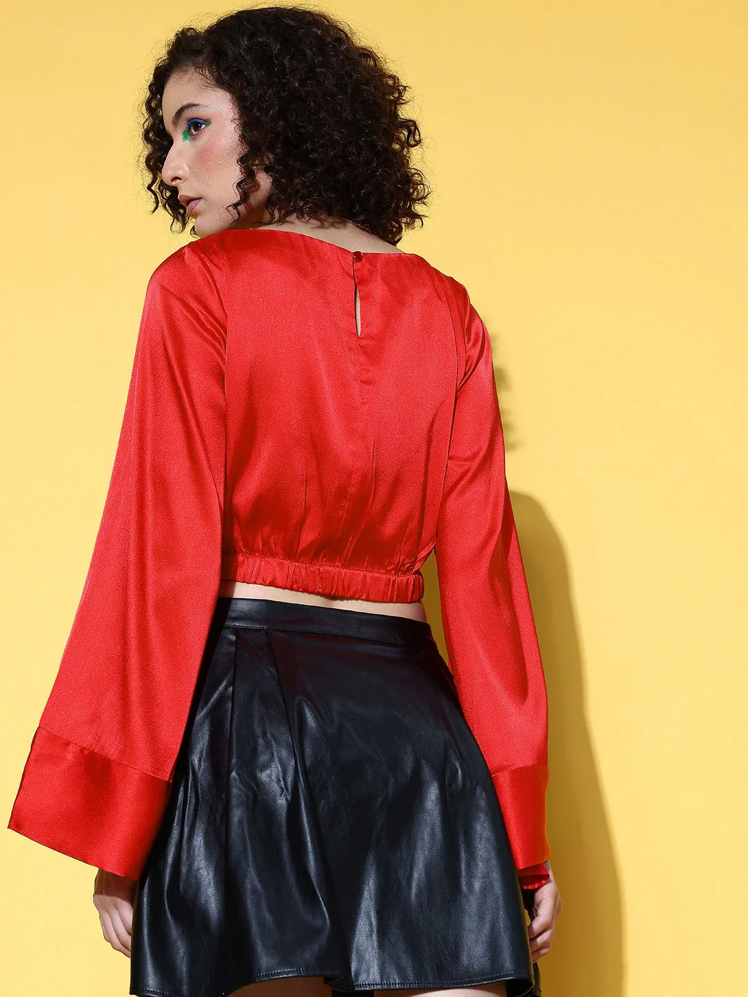 Women Red Gold Satin Flared Sleeve Crop Top - Image 5
