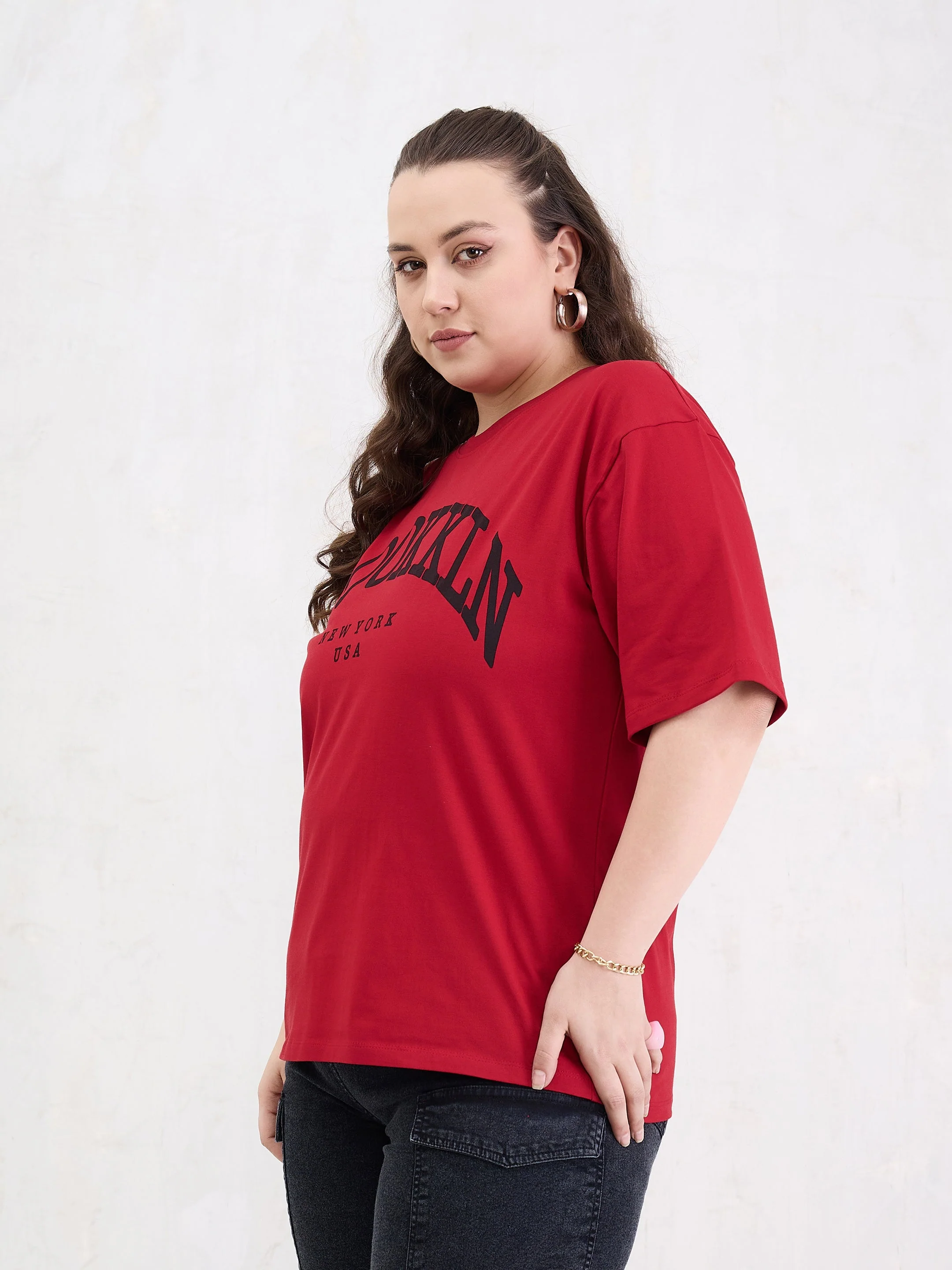 Women Red Graphic BROOKLYN Print T-Shirt - Image 3