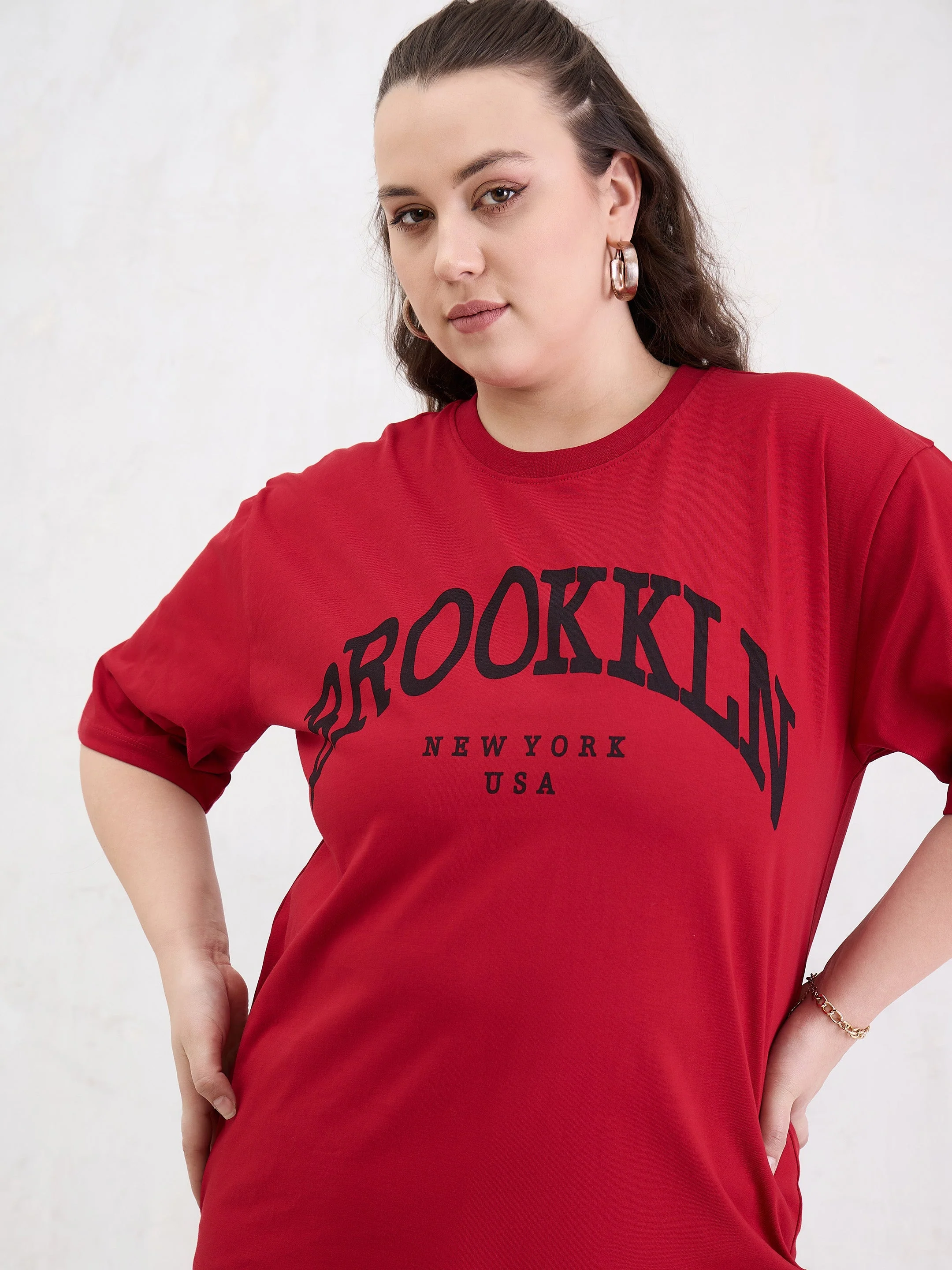 Women Red Graphic BROOKLYN Print T-Shirt - Image 4