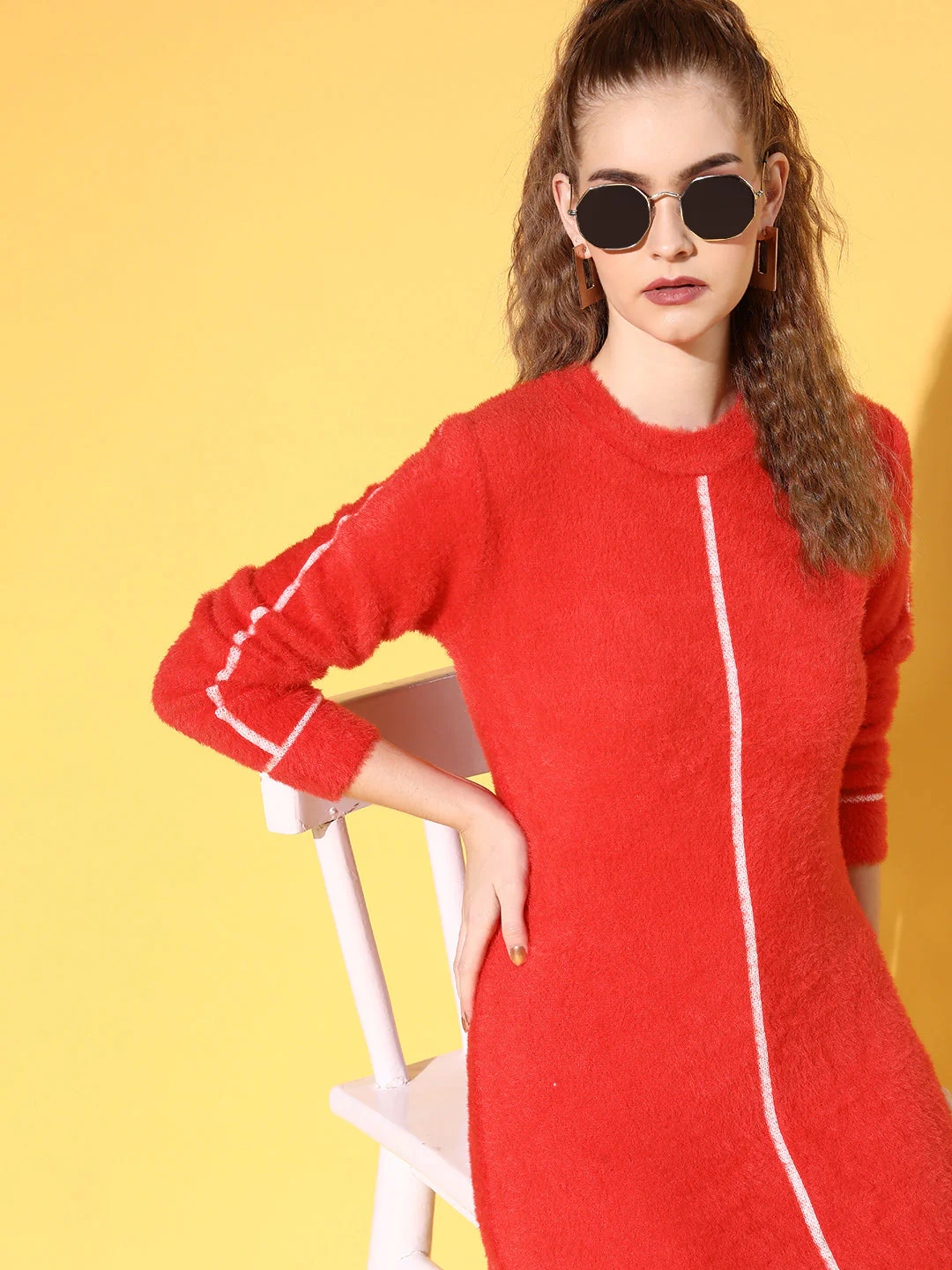 Women Red Hair Wool Long Sweater - Image 3