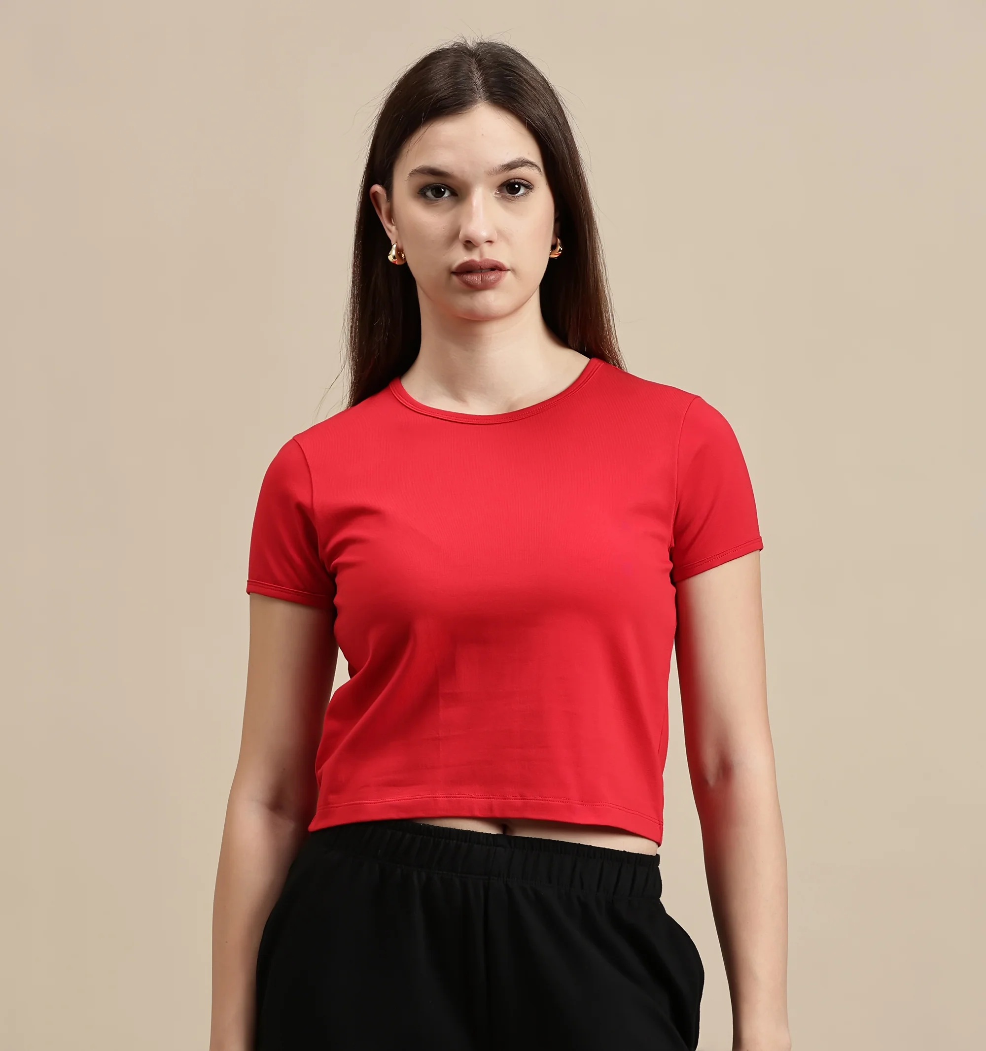 Women Red Half Sleeve Crop Top - Image 2