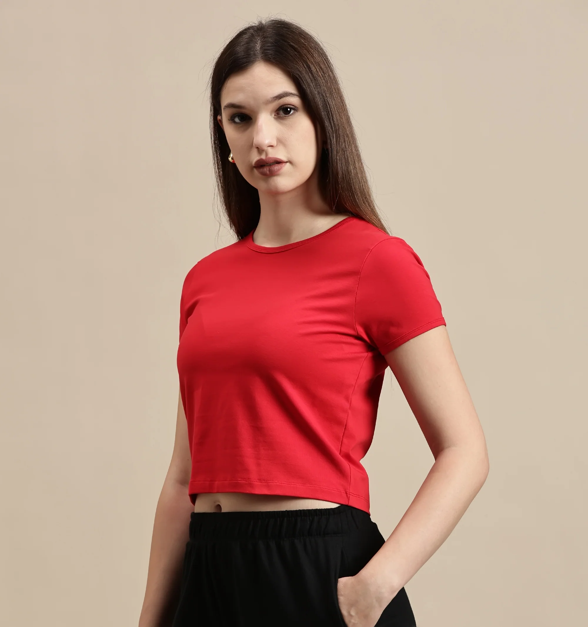 Women Red Half Sleeve Crop Top - Image 5