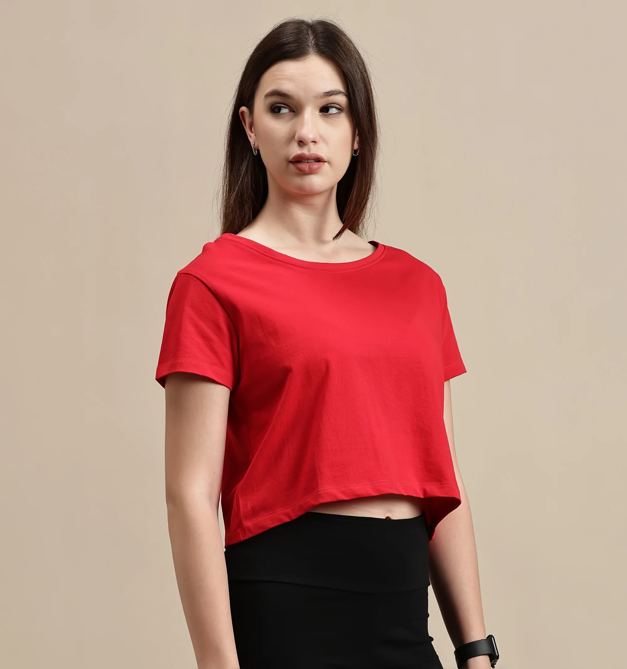 Women Red Half Sleeve Crop Top - Image 2