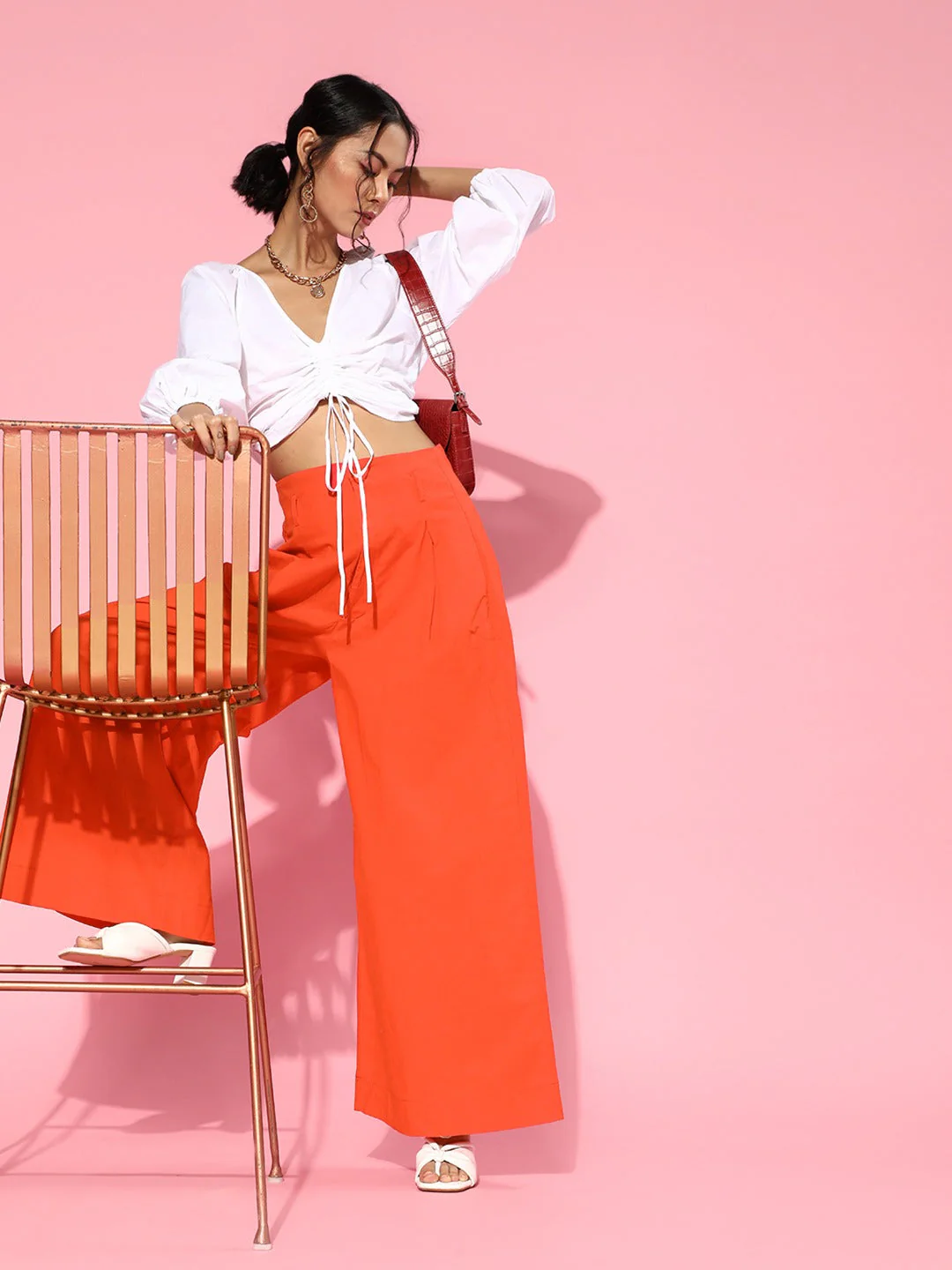 Women Red High Waist Wide Leg Pants - Image 2