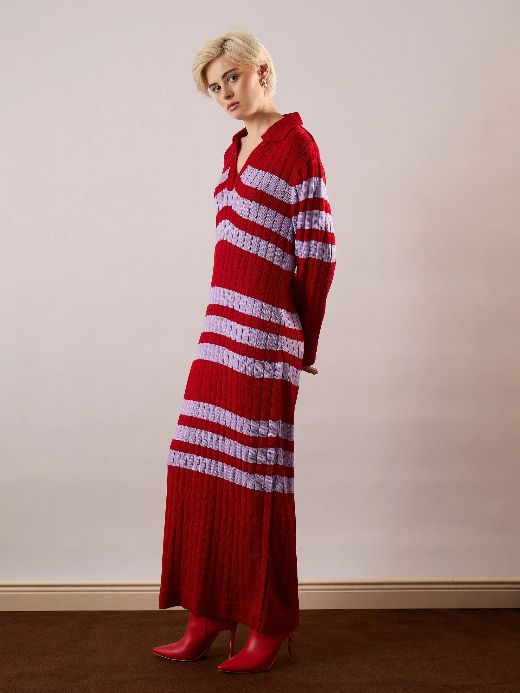 Women Red & Lavender Striped Acrylic Wool Collar Midi Dress - Image 3