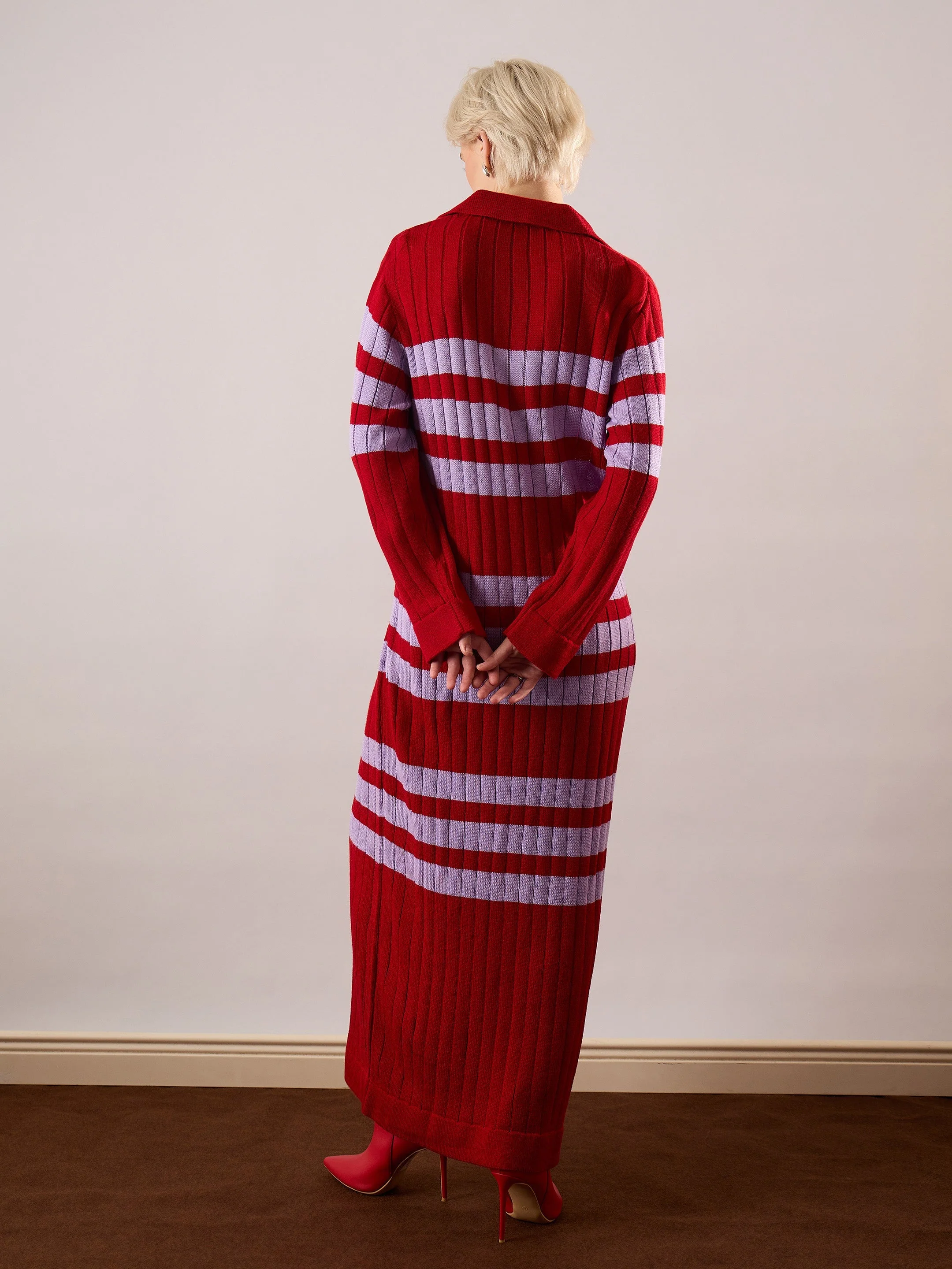 Women Red & Lavender Striped Acrylic Wool Collar Midi Dress - Image 5