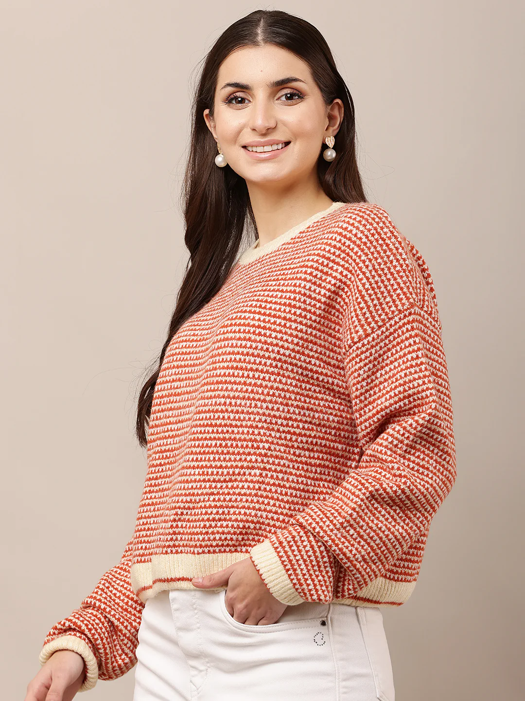 Women Red Loose Round Neck Sweater - Image 2