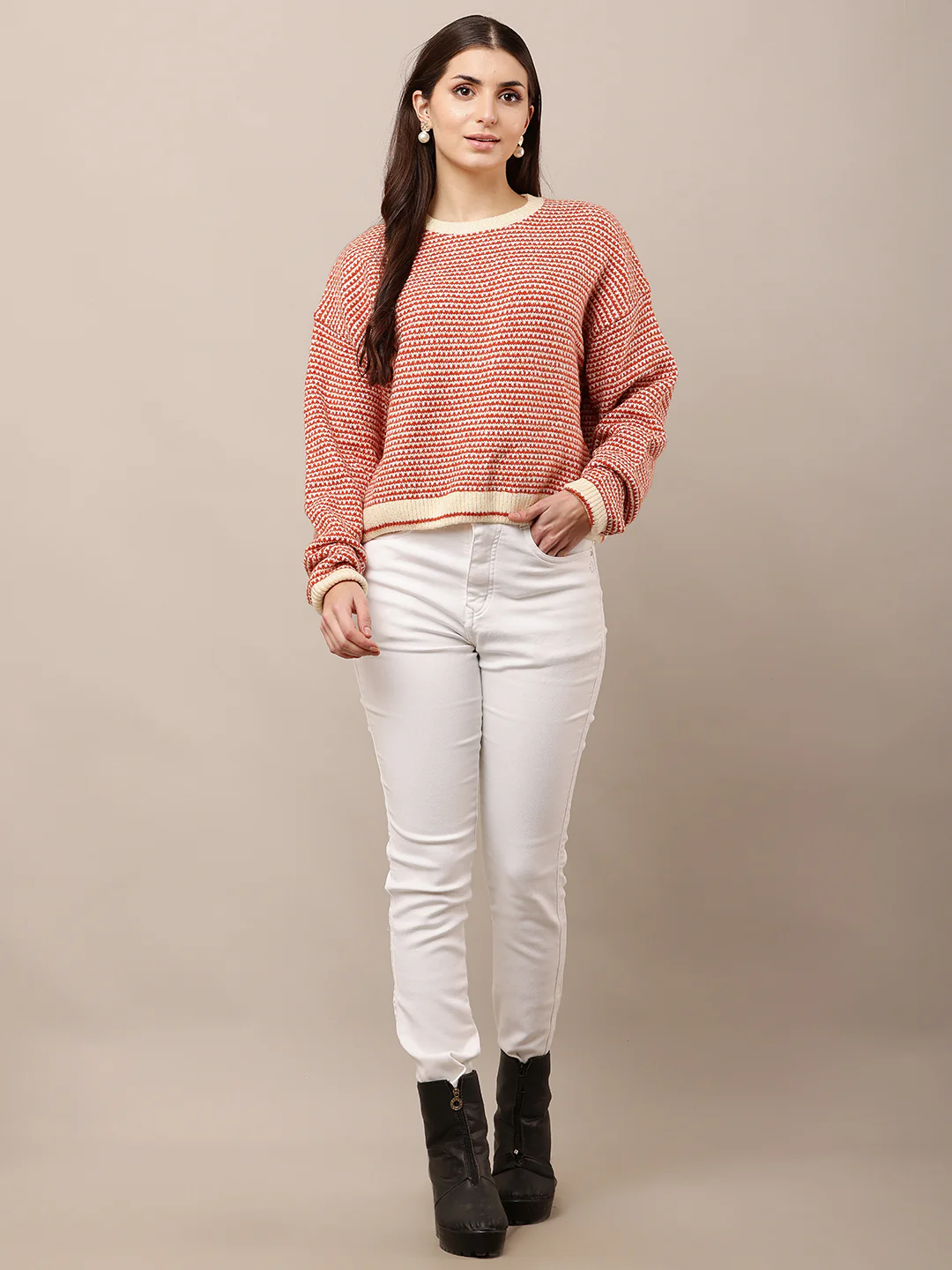 Women Red Loose Round Neck Sweater - Image 3