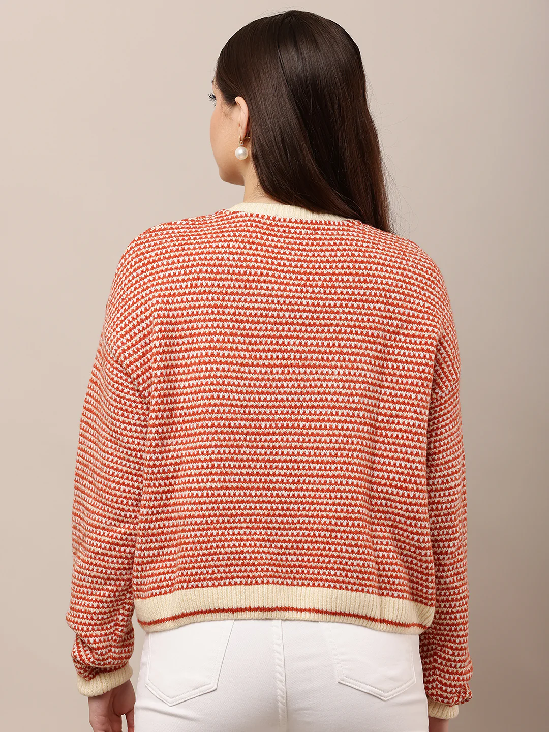Women Red Loose Round Neck Sweater - Image 4