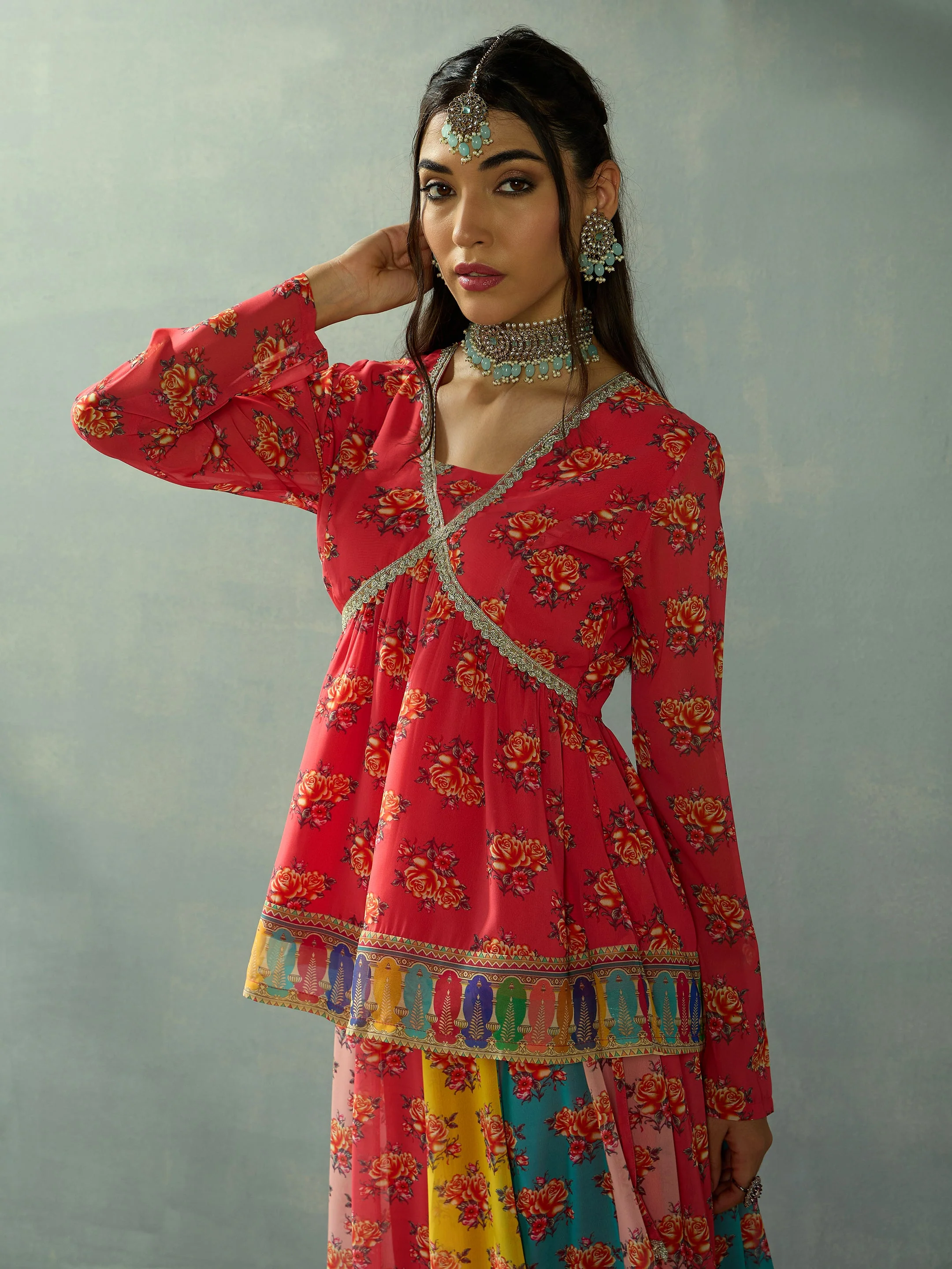 Women Red Multi Color Peplum Top With Anarkali Skirt - Image 2