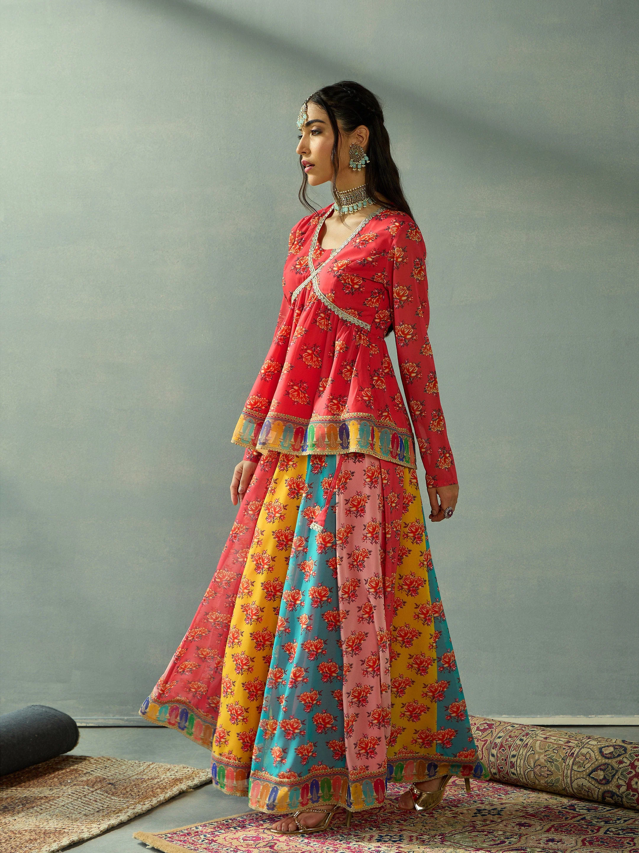 Women Red Multi Color Peplum Top With Anarkali Skirt - Image 3