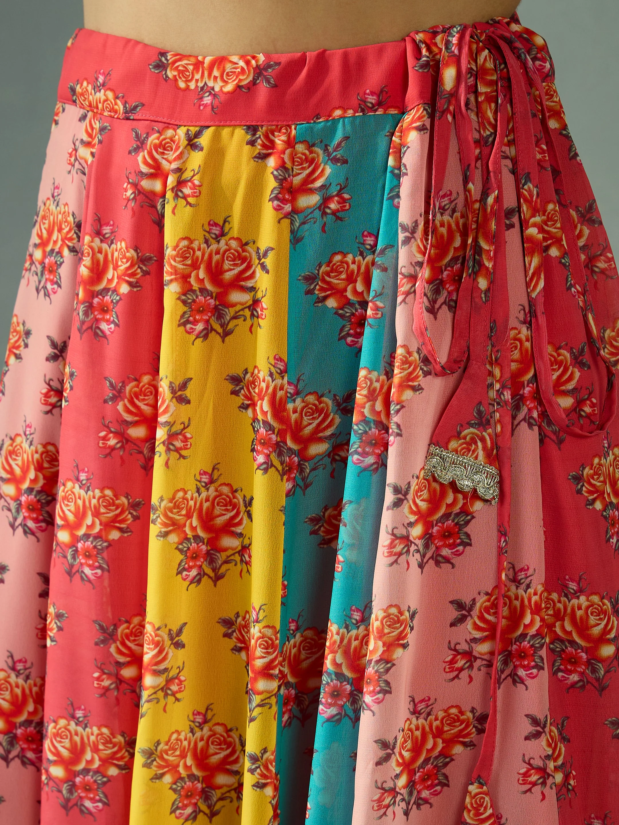 Women Red Multi Color Peplum Top With Anarkali Skirt - Image 5