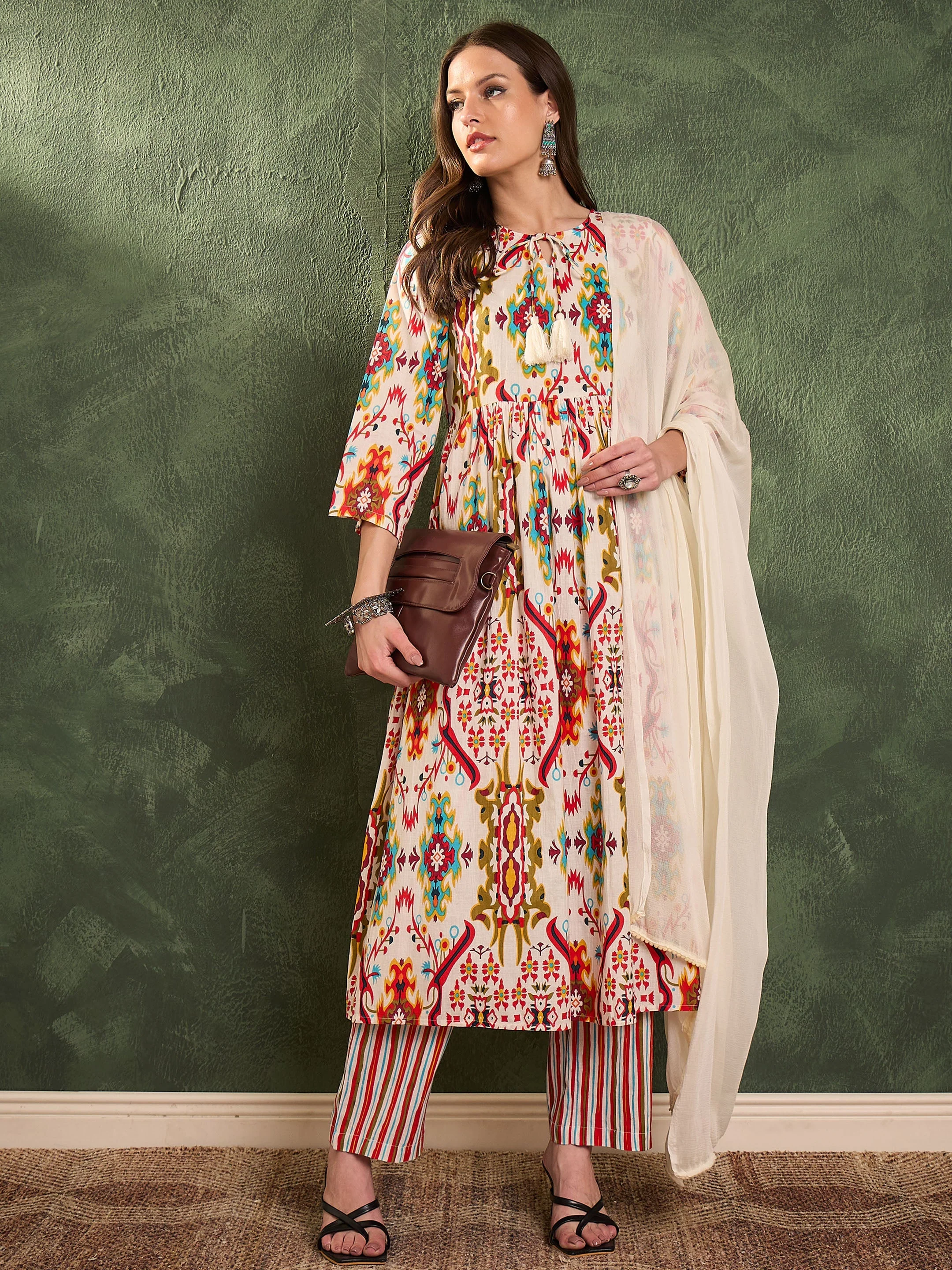 Women Red Multi Ikat Dori Gathered Kurta Set with Dupatta - Image 2