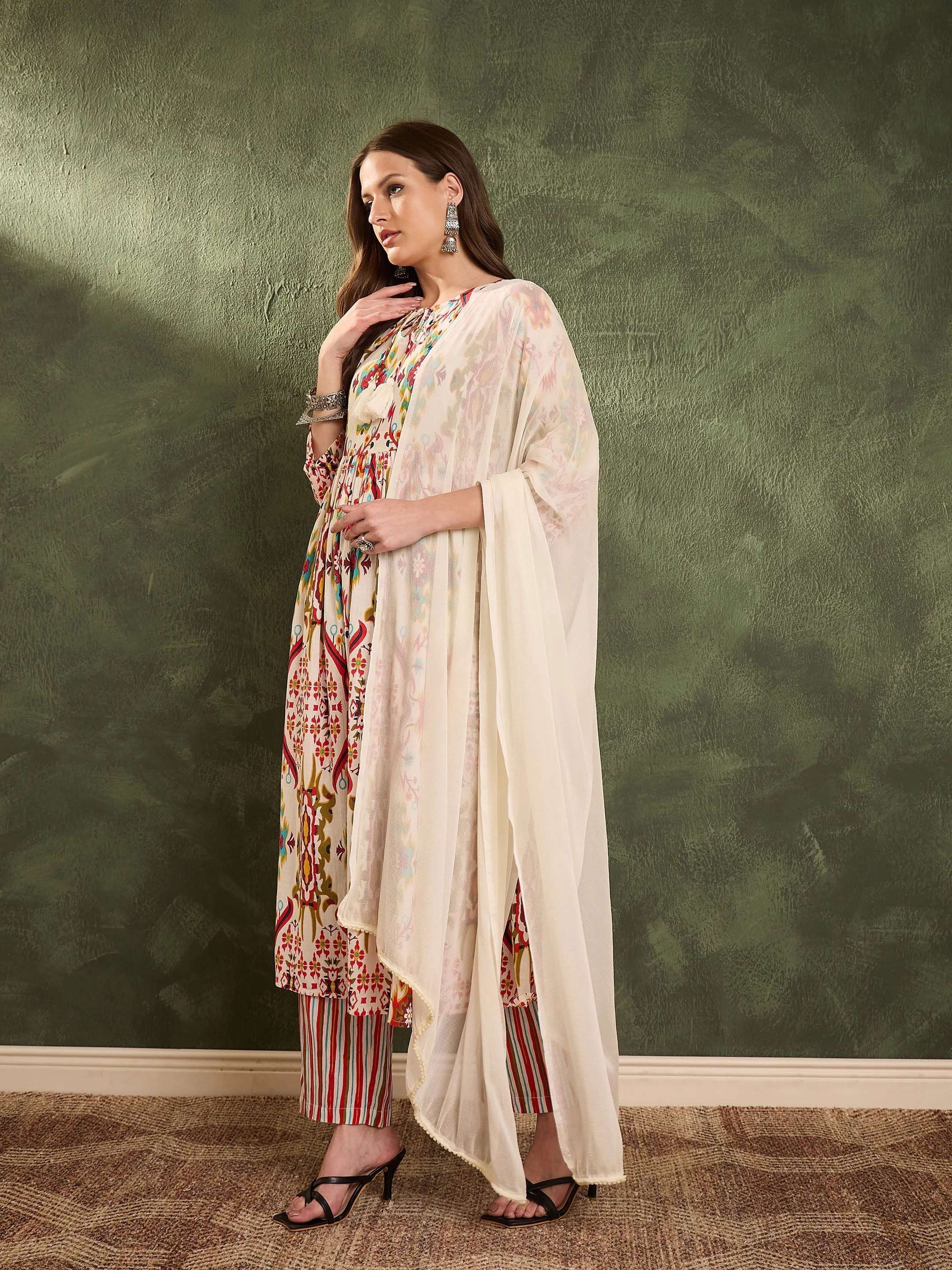 Women Red Multi Ikat Dori Gathered Kurta Set with Dupatta - Image 3