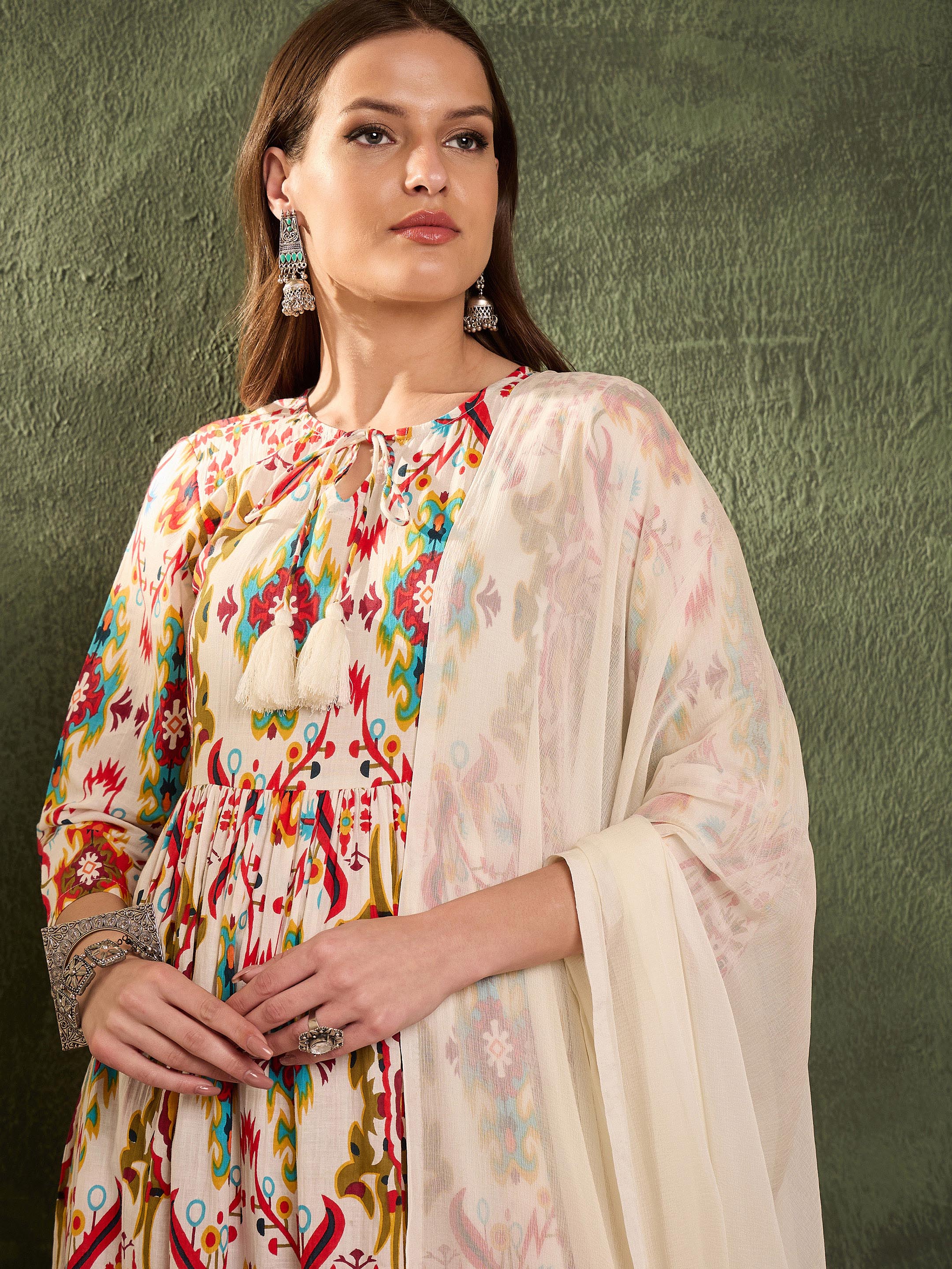 Women Red Multi Ikat Dori Gathered Kurta Set with Dupatta - Image 4