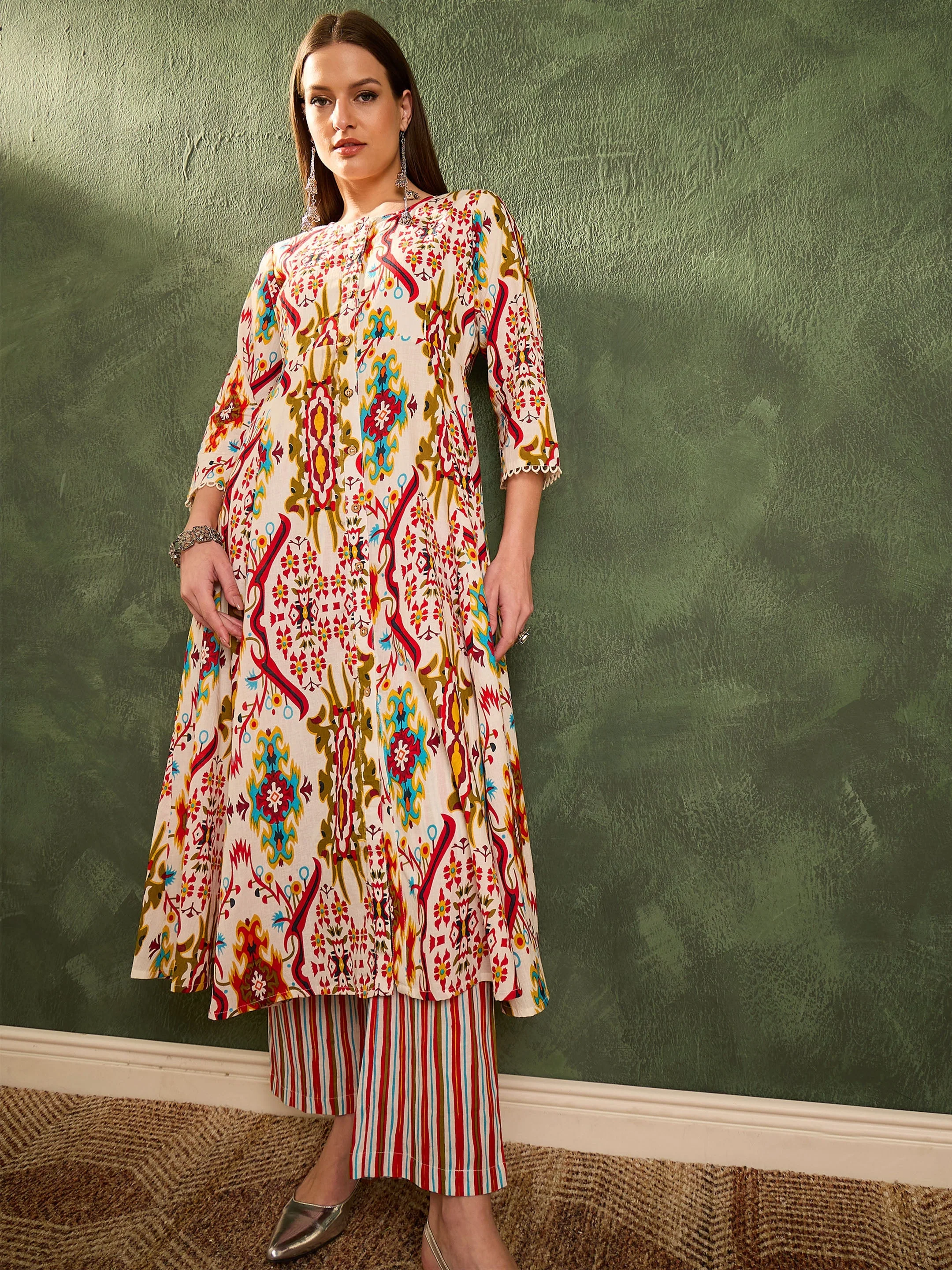 Women Red Multi Ikat Front Button Kurta With Pants - Image 2