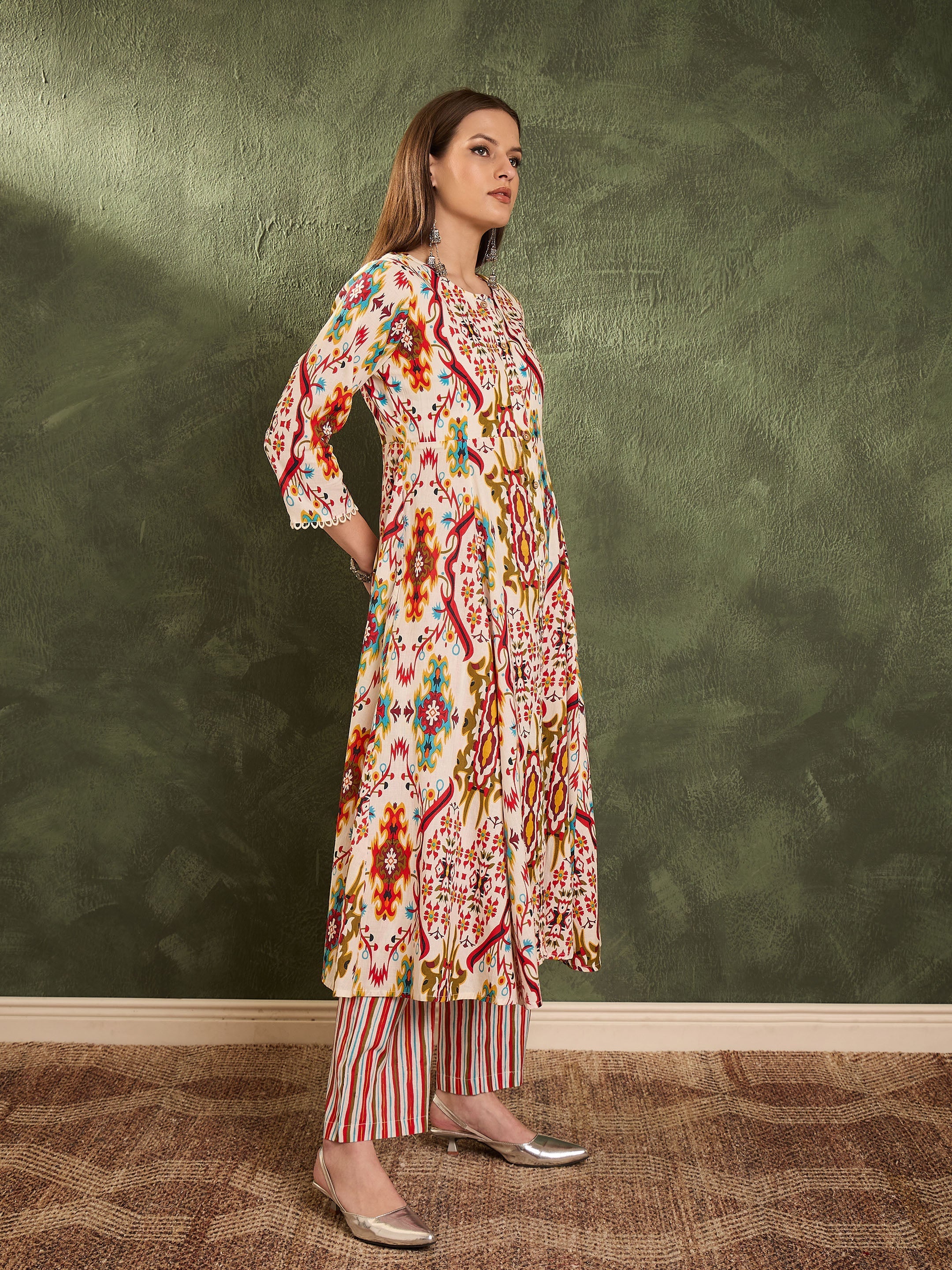 Women Red Multi Ikat Front Button Kurta With Pants - Image 3