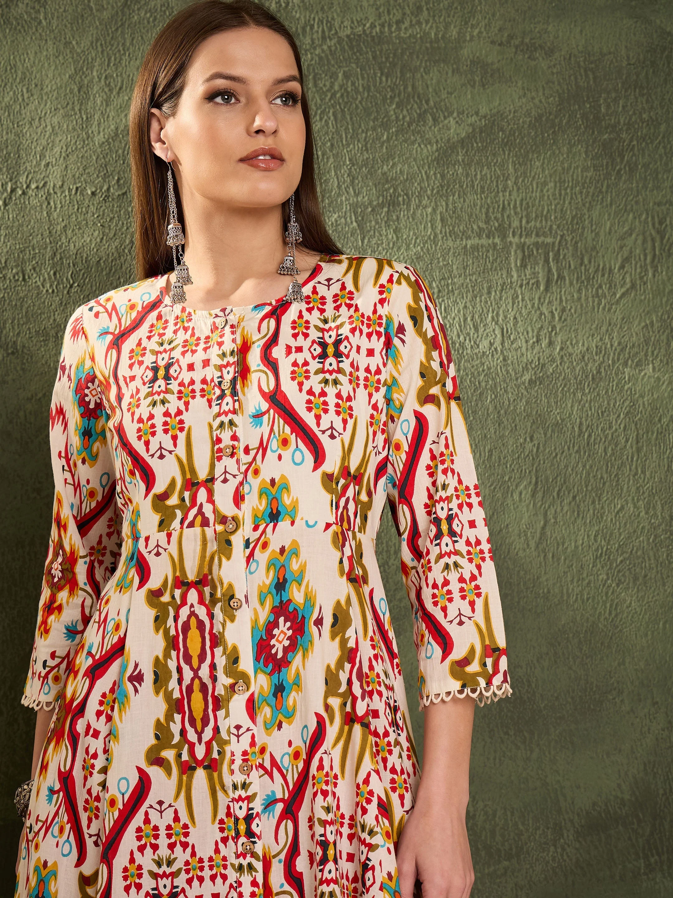 Women Red Multi Ikat Front Button Kurta With Pants - Image 4