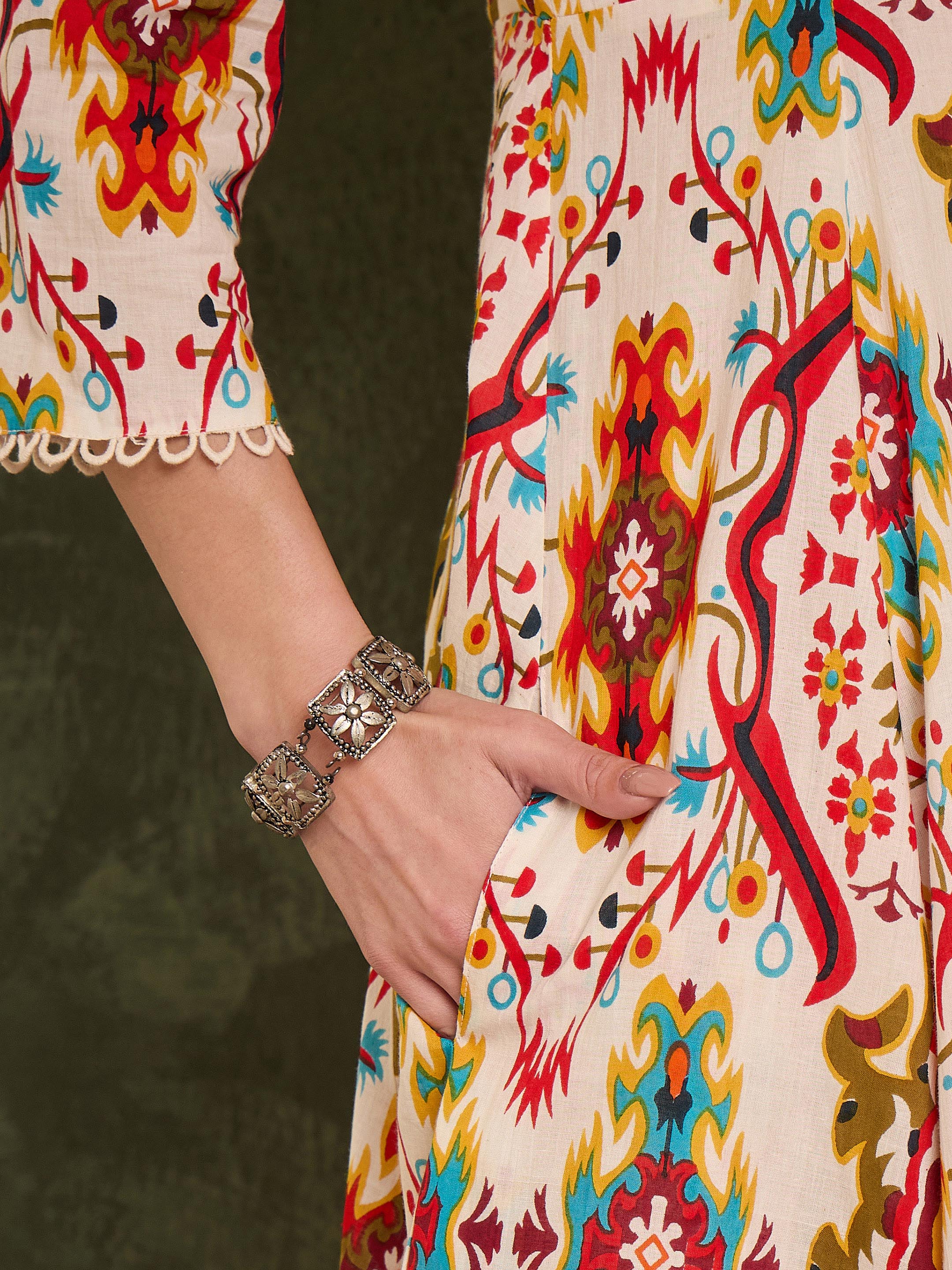 Women Red Multi Ikat Front Button Kurta With Pants - Image 5
