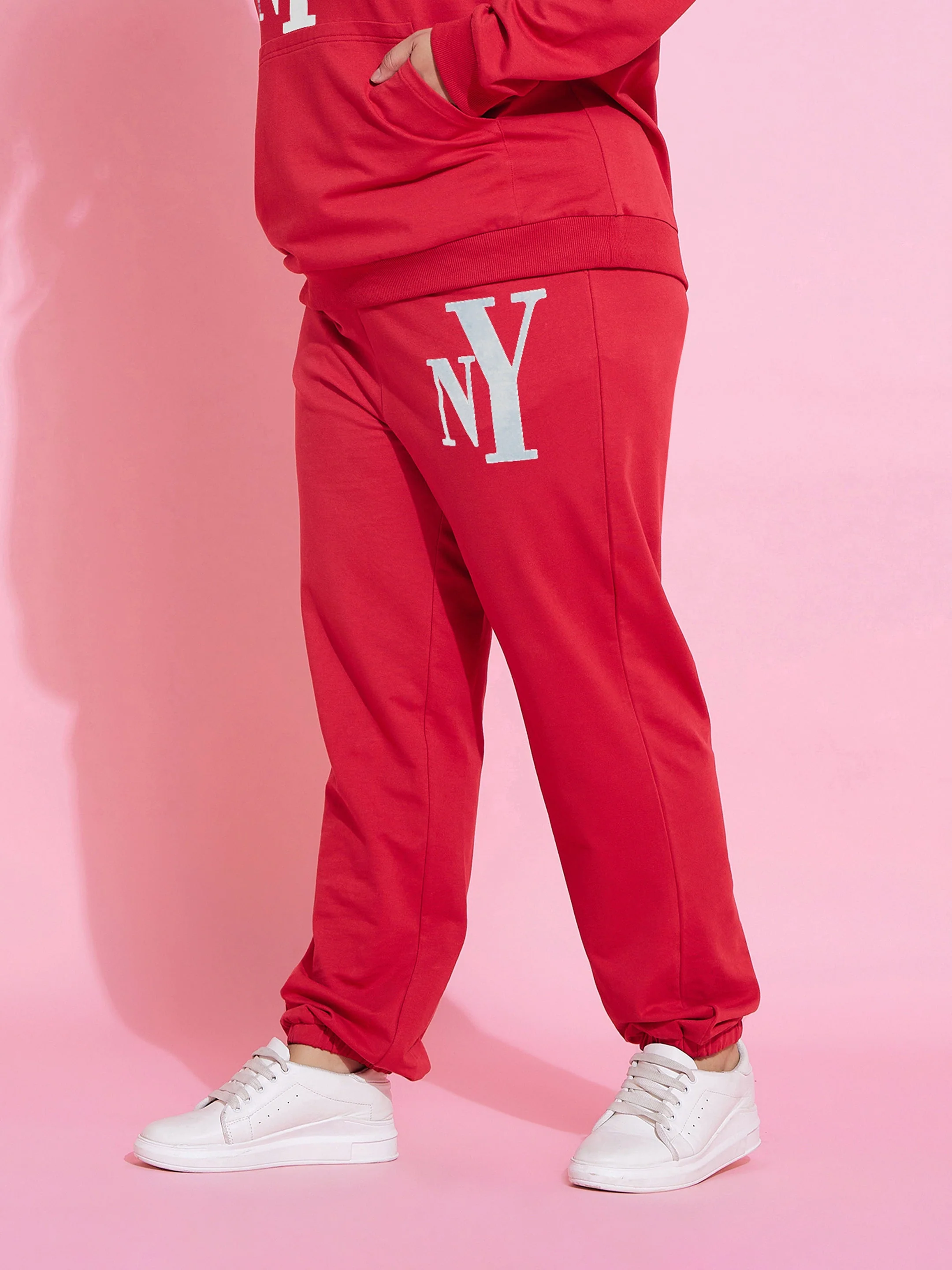 Women Red New Yoke Fleece Joggers - Image 3