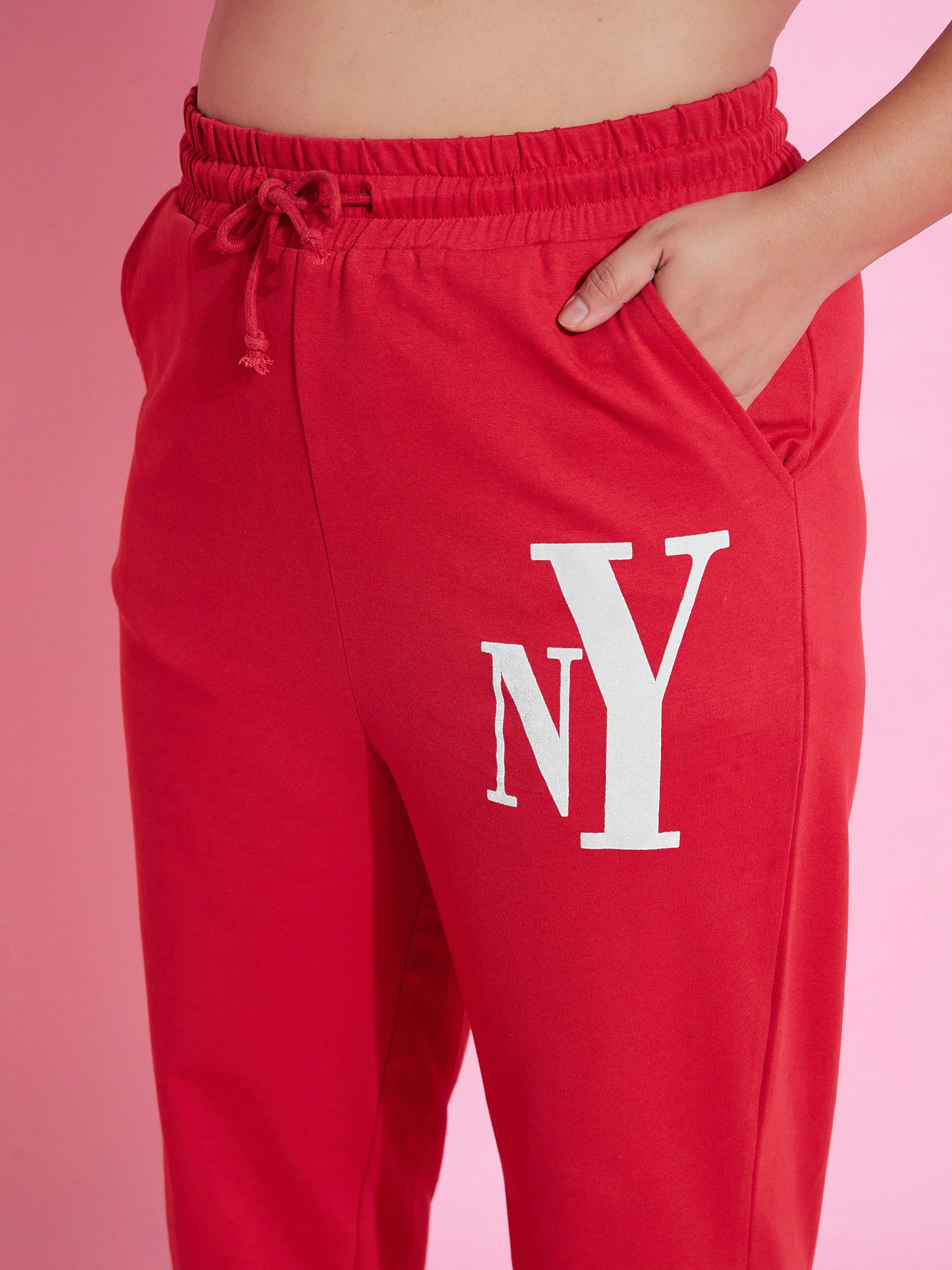Women Red New Yoke Fleece Joggers - Image 4