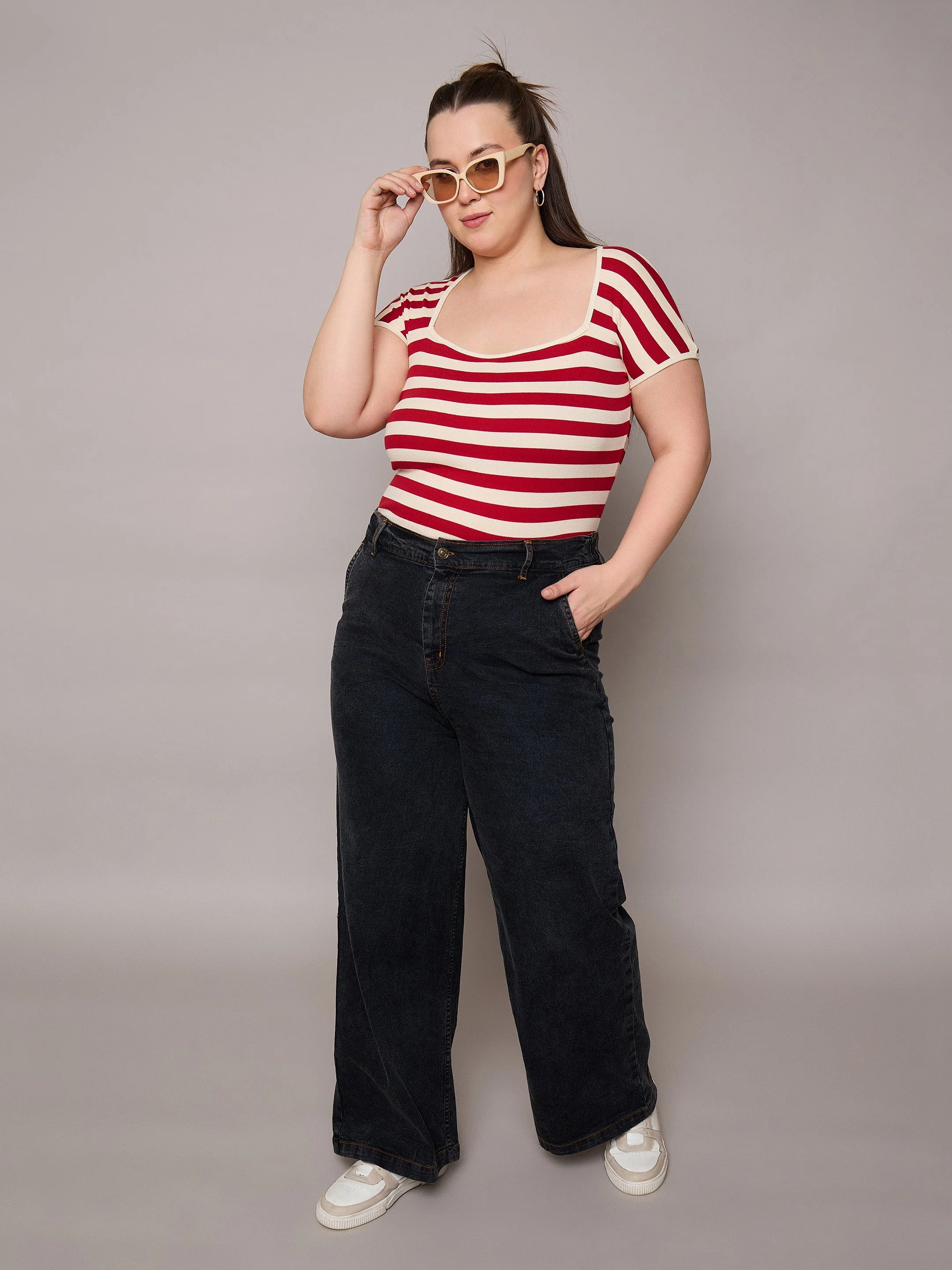Women Red & Off White Rib Stripe Square Neck Top - Image 2