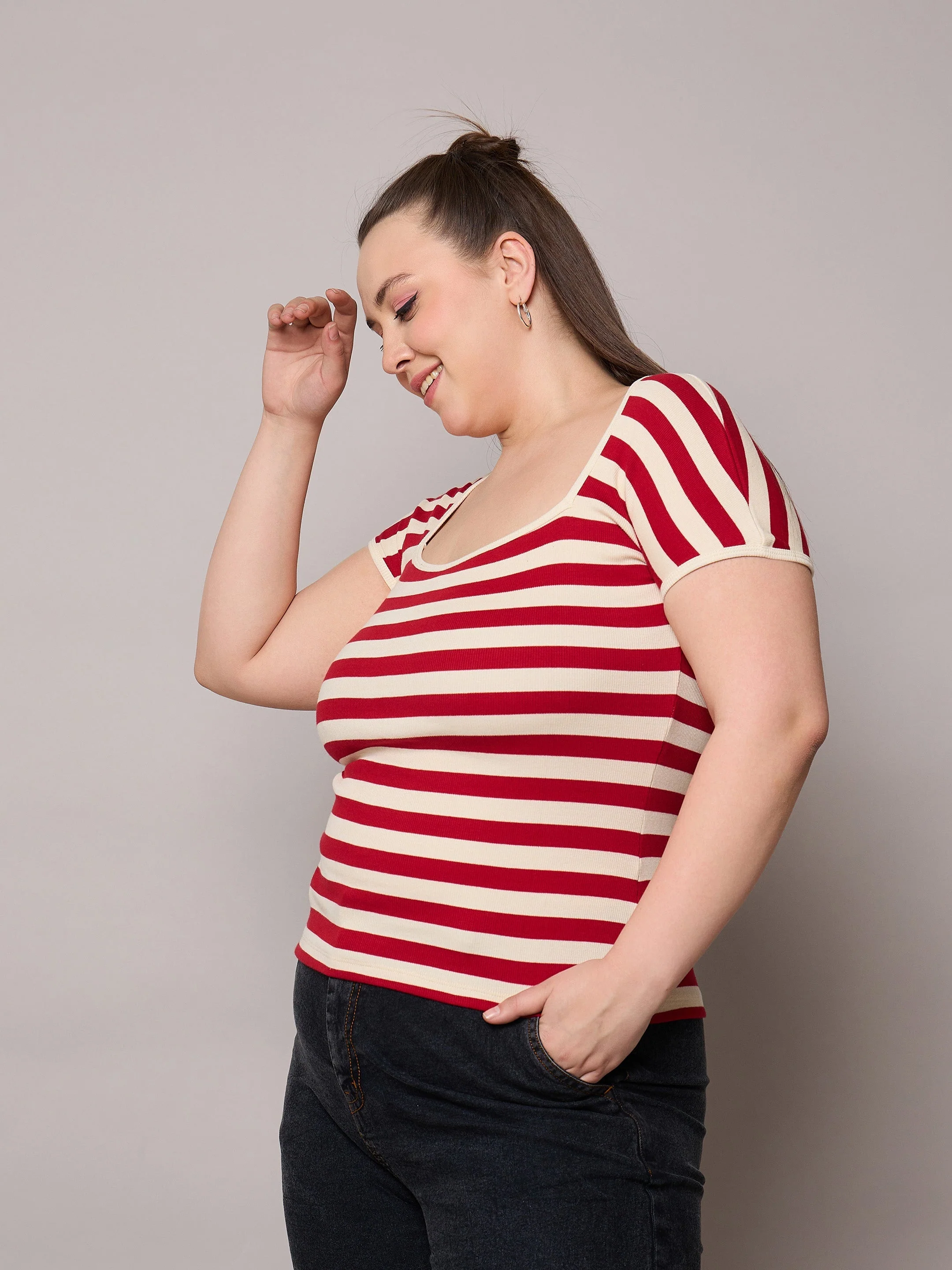 Women Red & Off White Rib Stripe Square Neck Top - Image 3