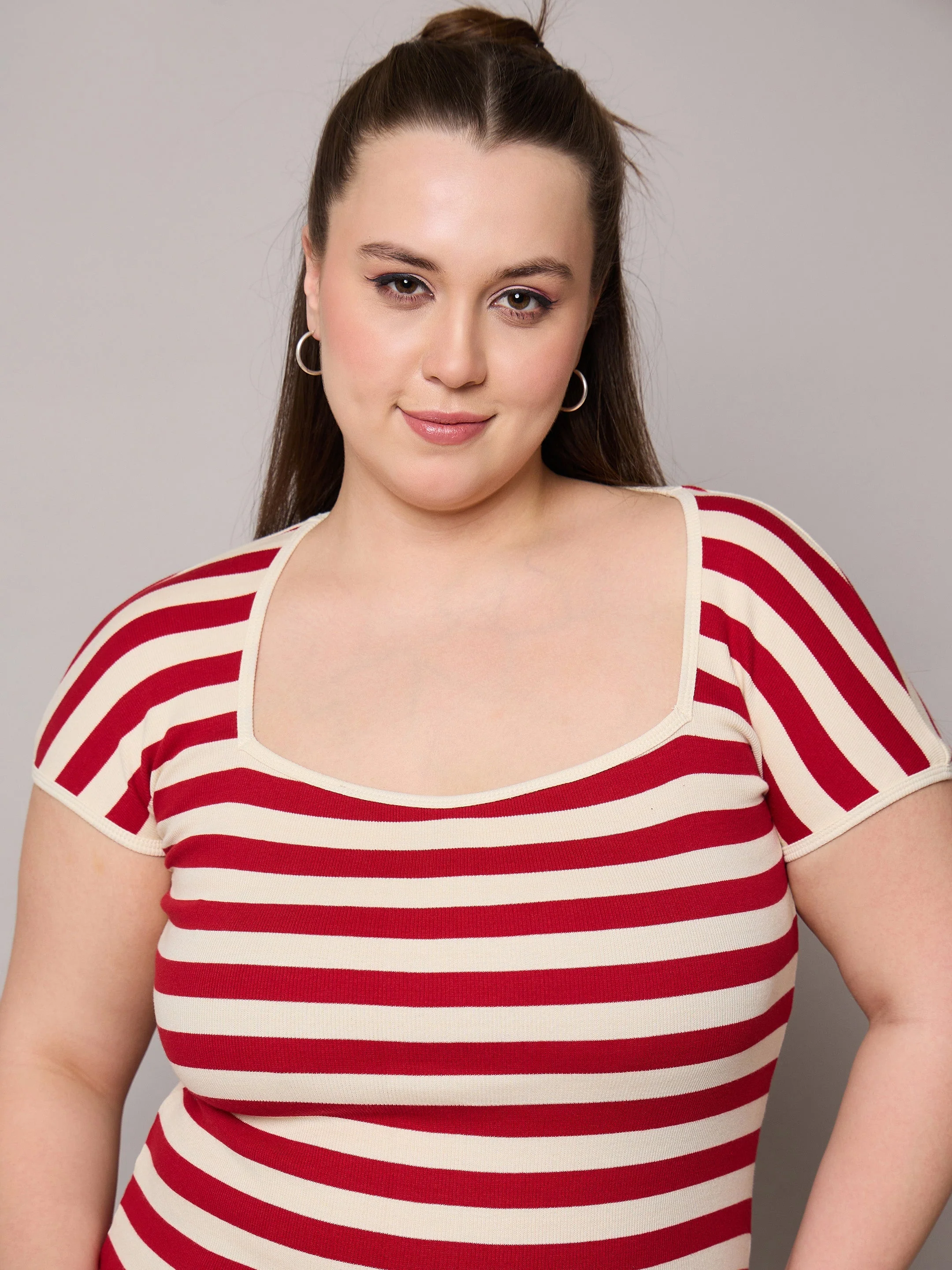 Women Red & Off White Rib Stripe Square Neck Top - Image 4