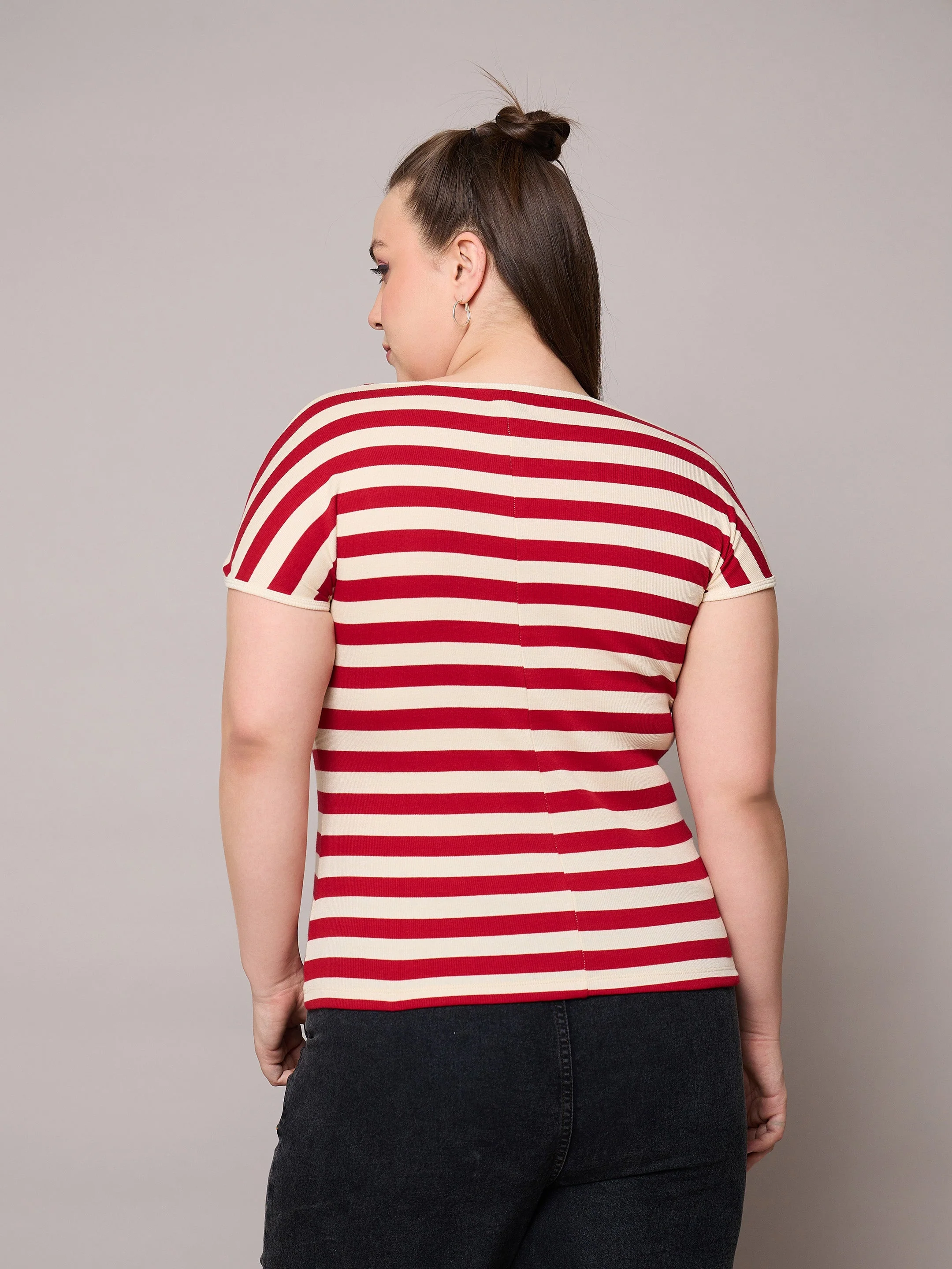 Women Red & Off White Rib Stripe Square Neck Top - Image 5