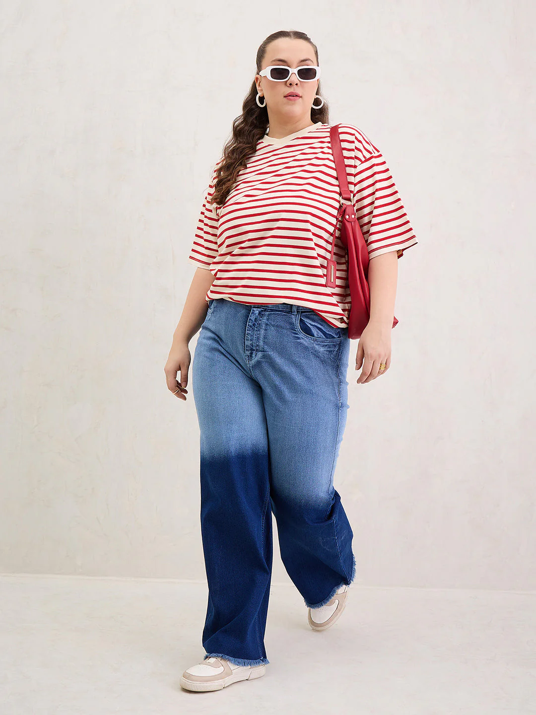 Women Red & Off White Stripe Round Neck T-Shirt - Image 2