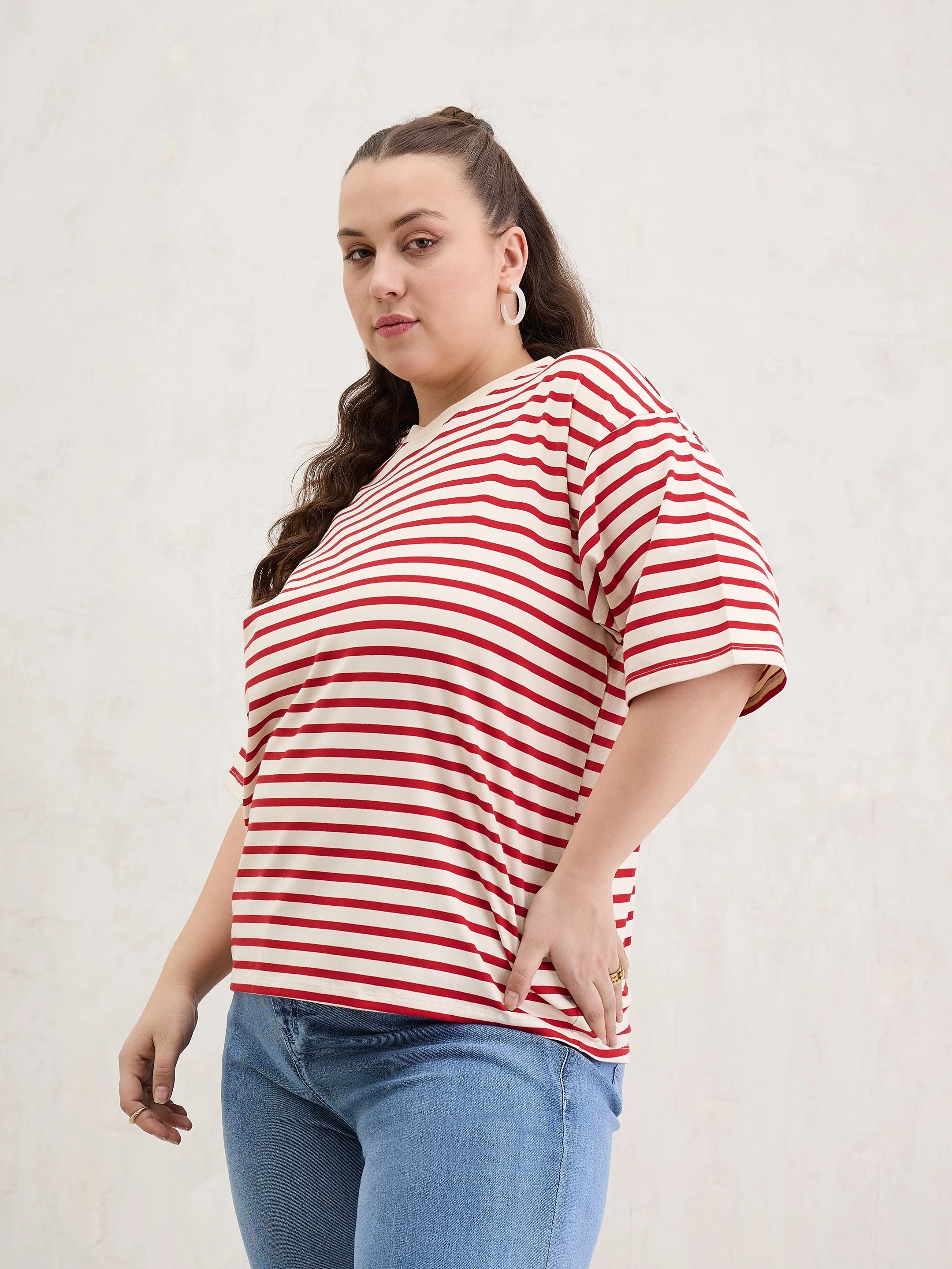 Women Red & Off White Stripe Round Neck T-Shirt - Image 3