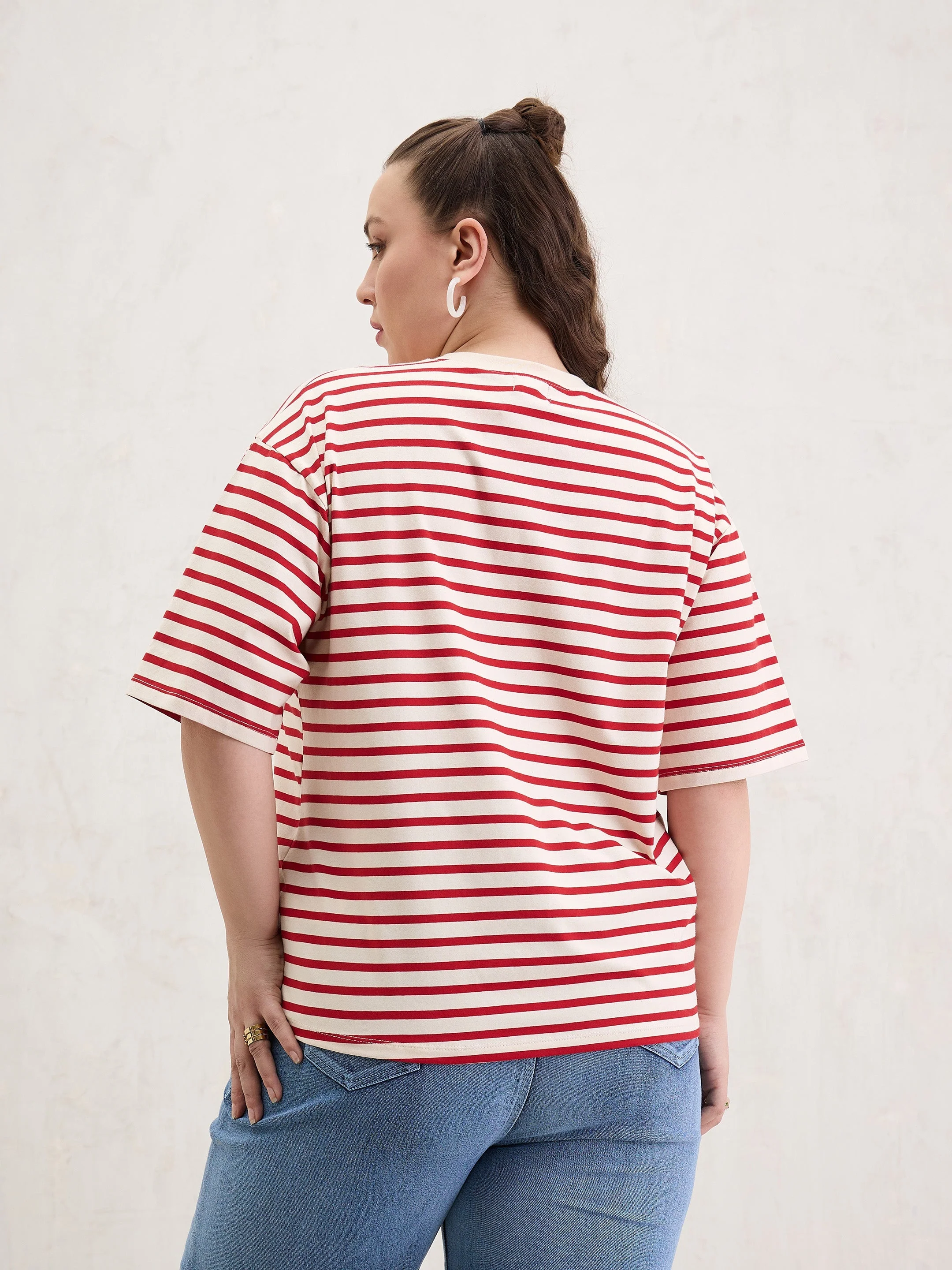 Women Red & Off White Stripe Round Neck T-Shirt - Image 5