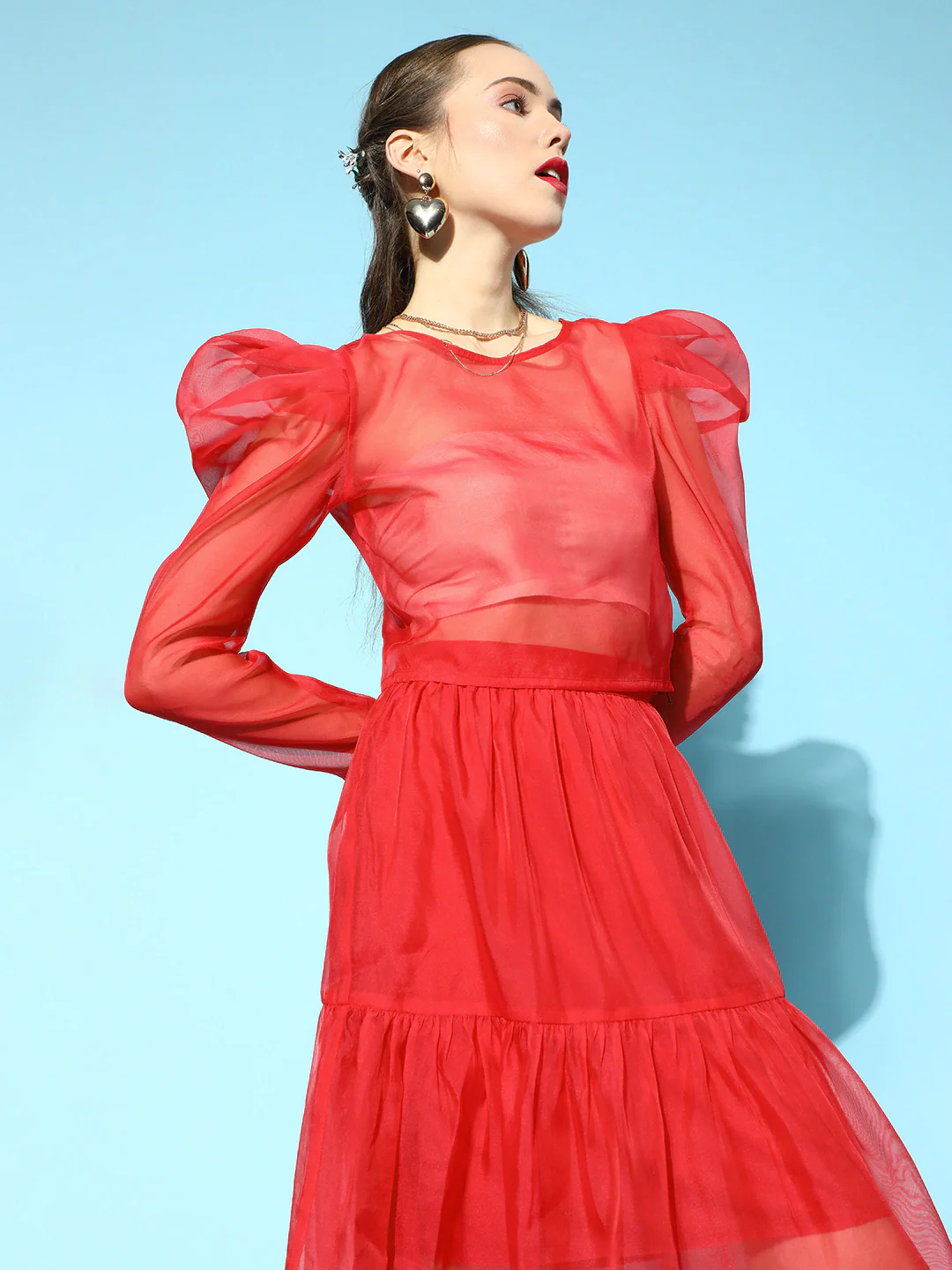 Women Red Sheer Crop Top - Image 3