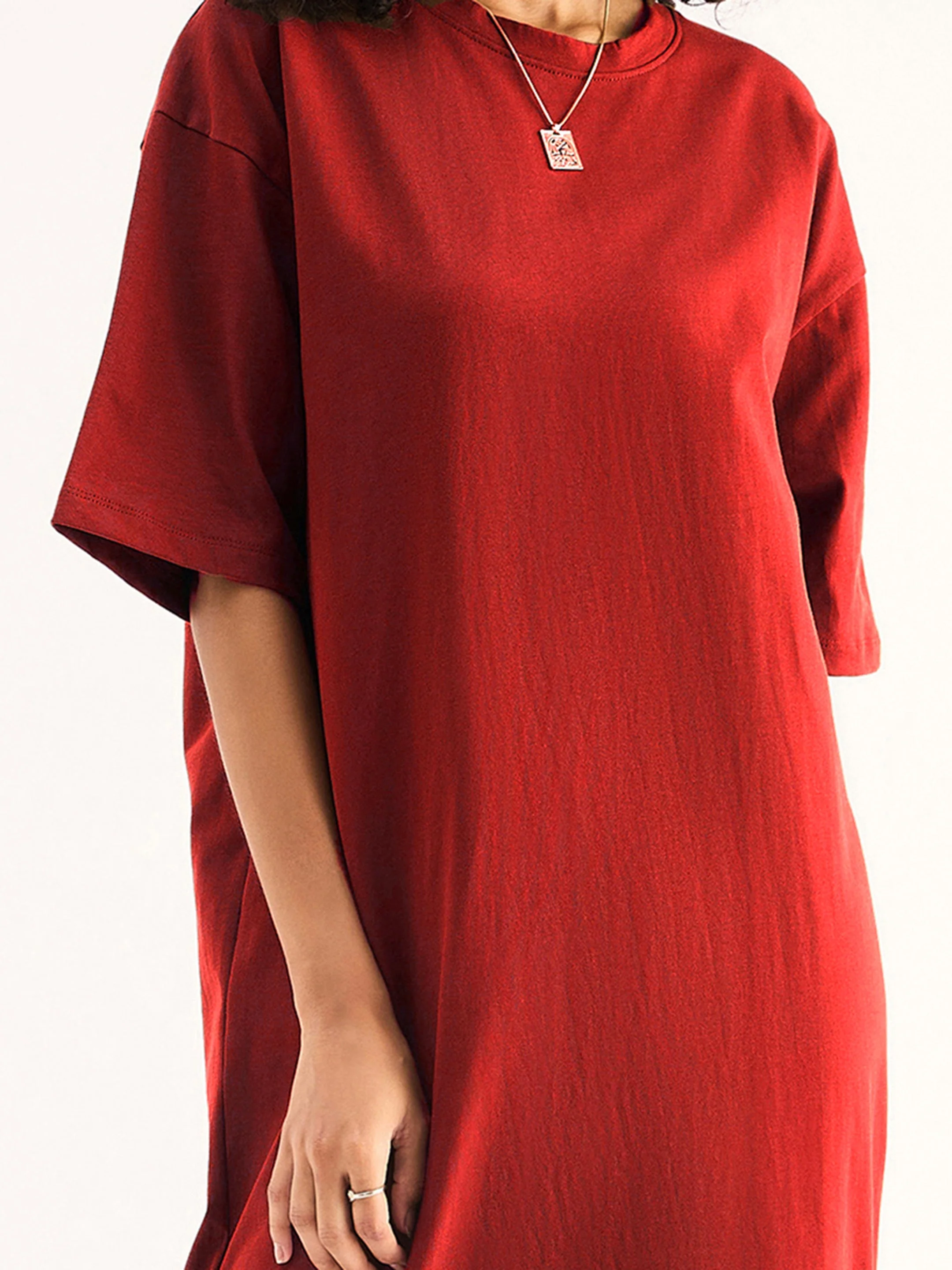 Women Red Oversized T-Shirt Dress - Image 3