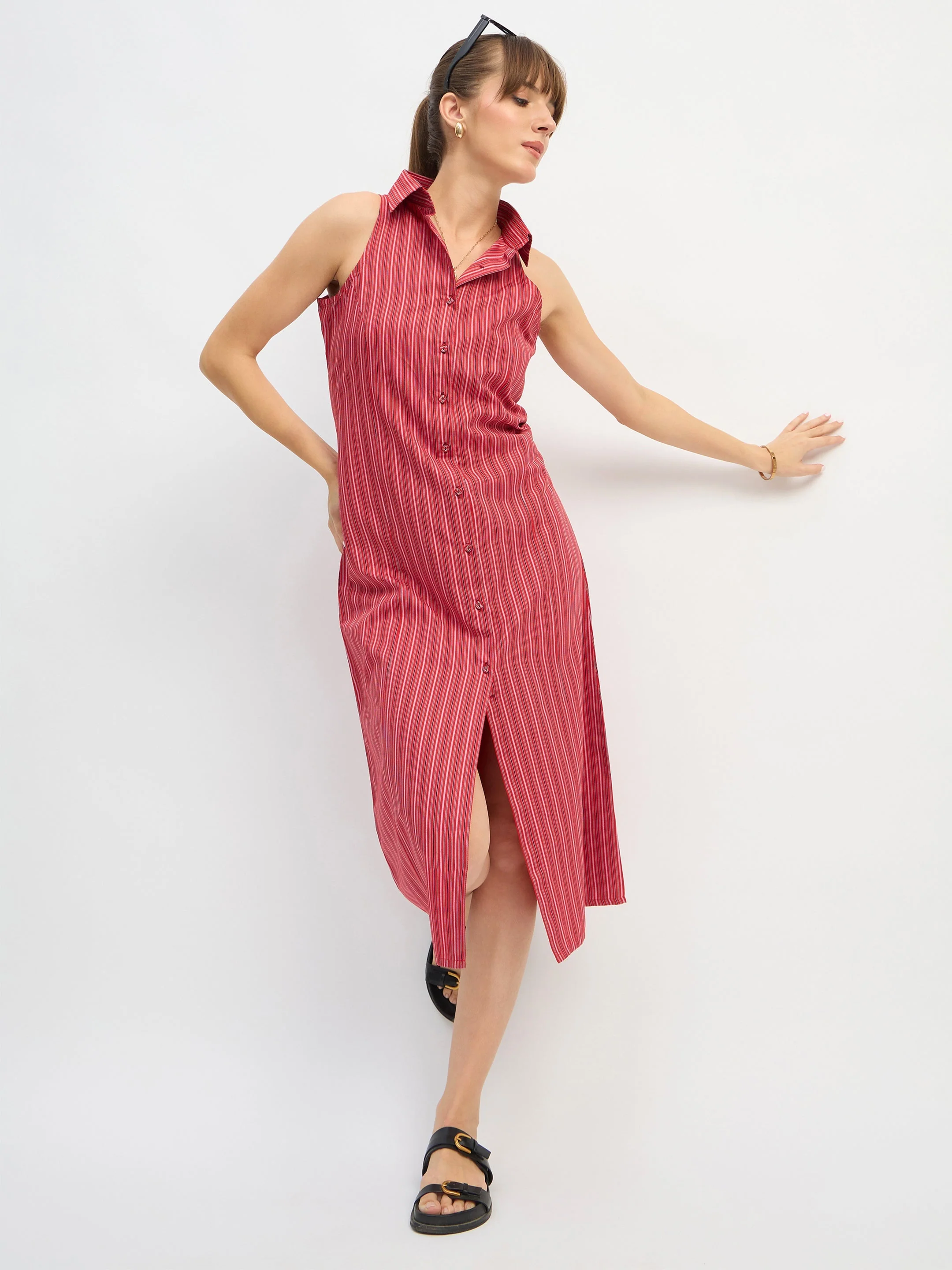 Women Red Penny Stripes Sleeveless Midi Dress - Image 2