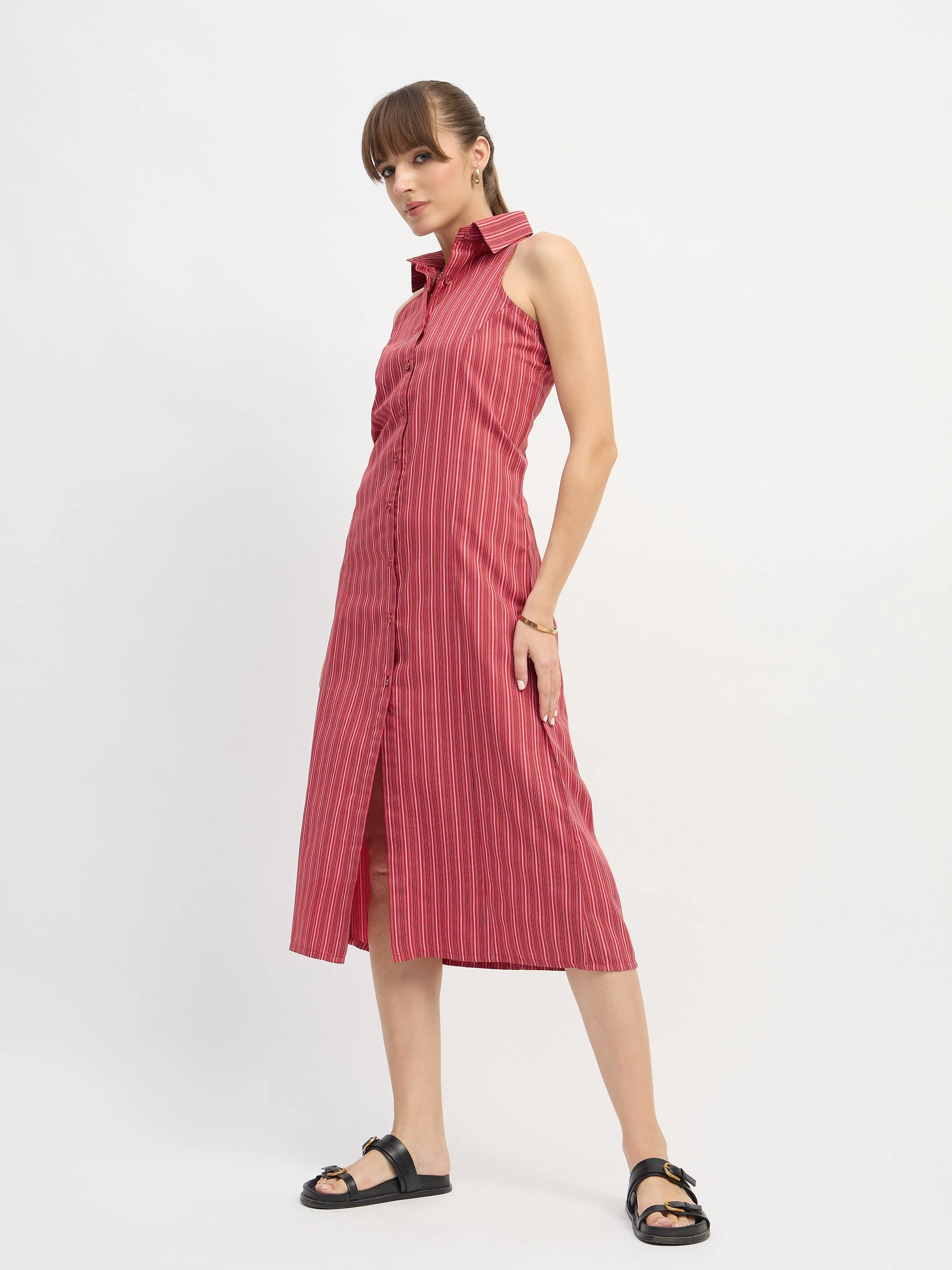 Women Red Penny Stripes Sleeveless Midi Dress - Image 3