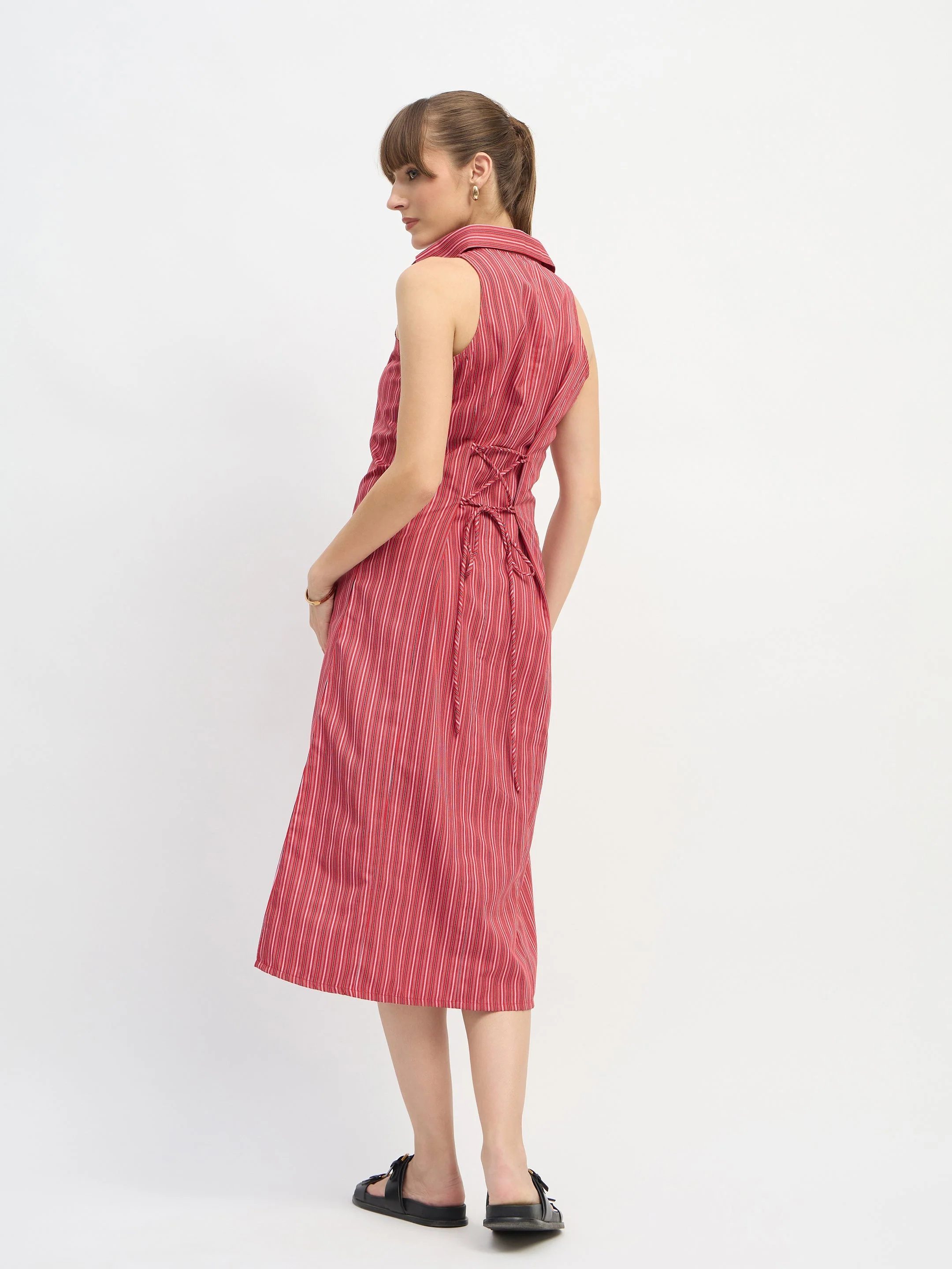 Women Red Penny Stripes Sleeveless Midi Dress - Image 5