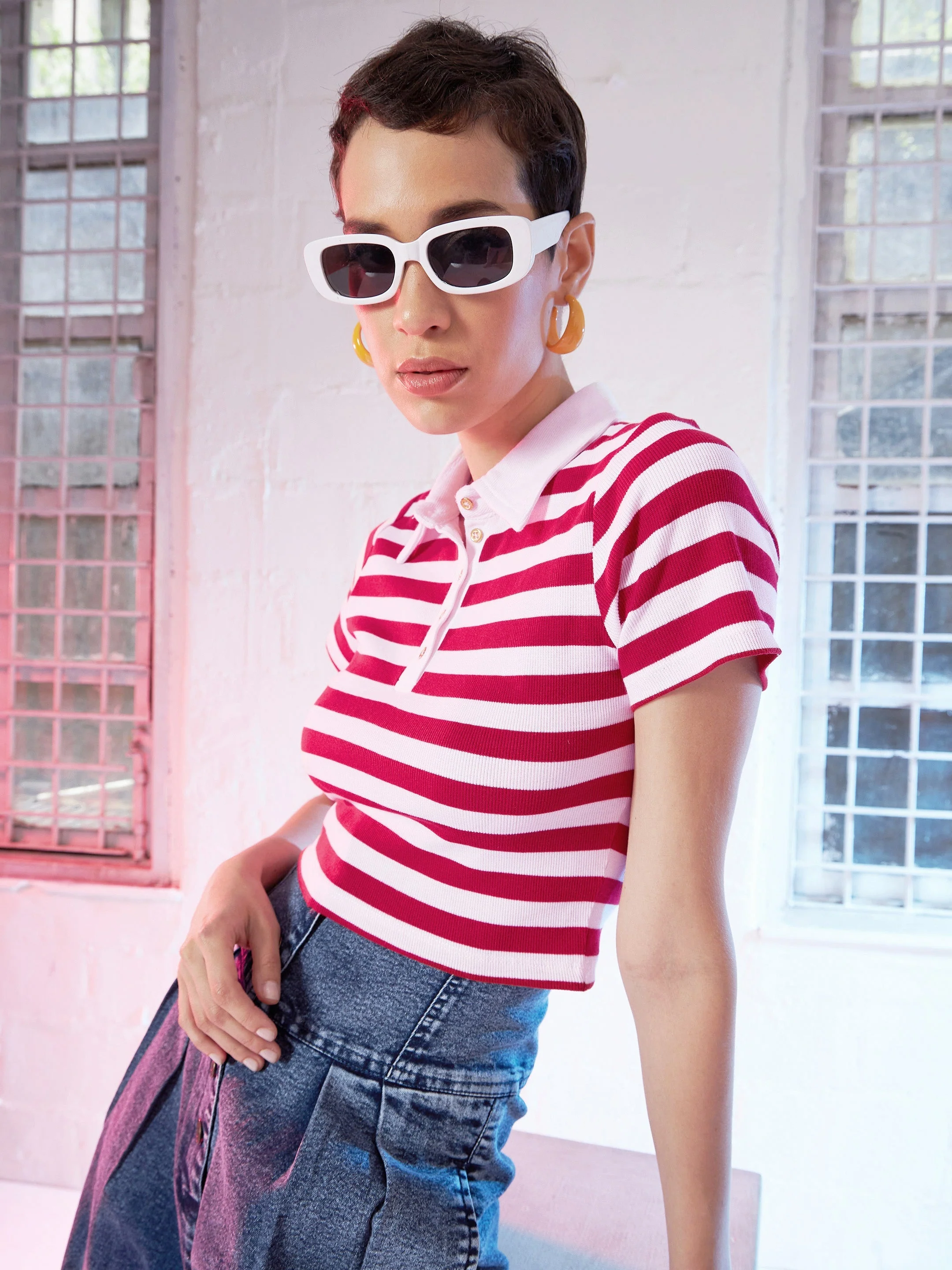 Women Red & Pink Striped Crop Polo T-Shirt - Image 2