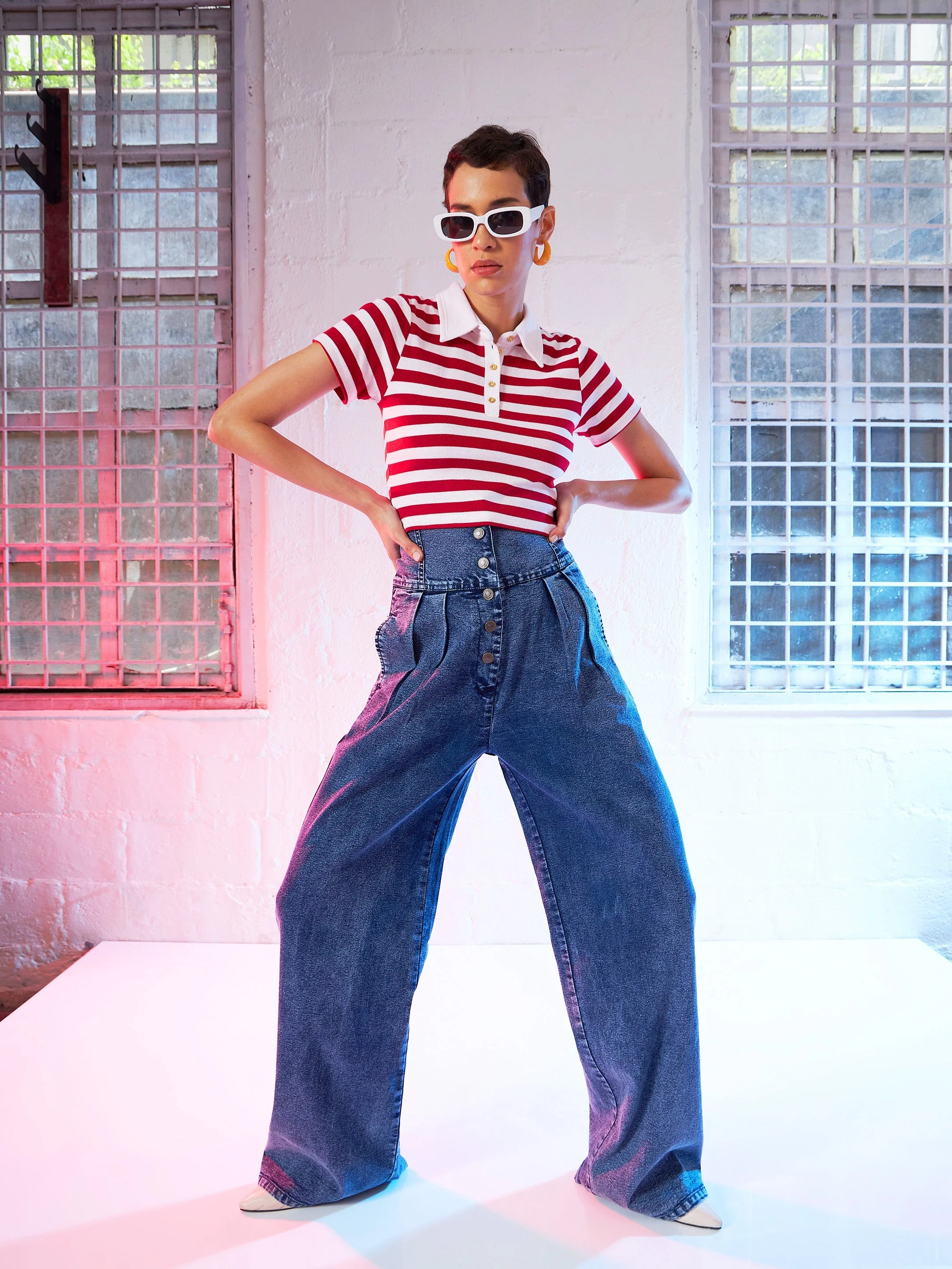 Women Red & Pink Striped Crop Polo T-Shirt - Image 3