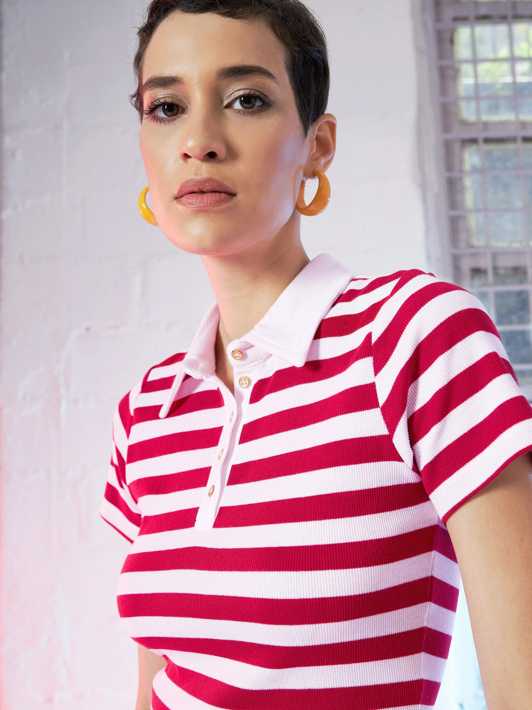 Women Red & Pink Striped Crop Polo T-Shirt - Image 4