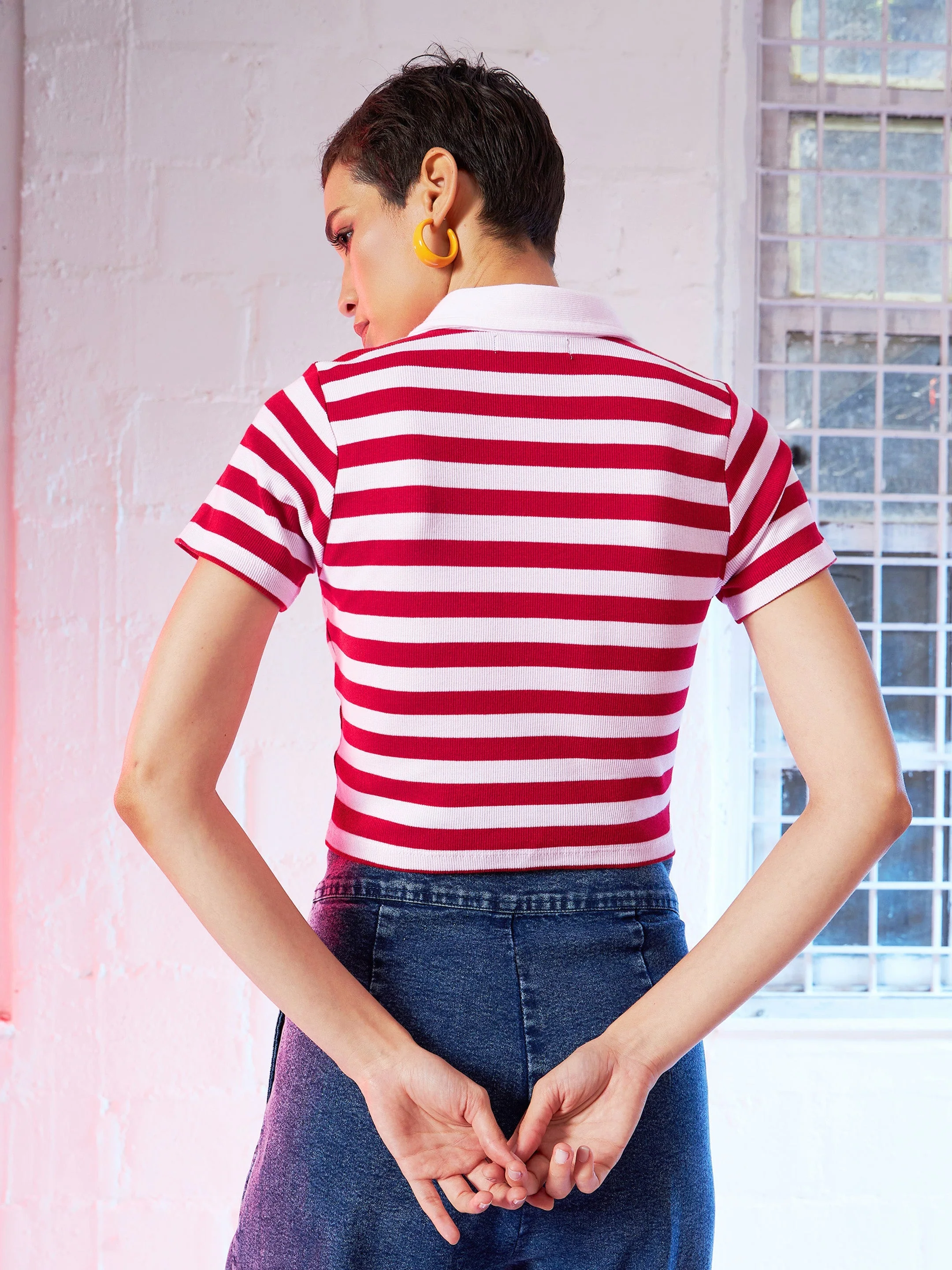 Women Red & Pink Striped Crop Polo T-Shirt - Image 5