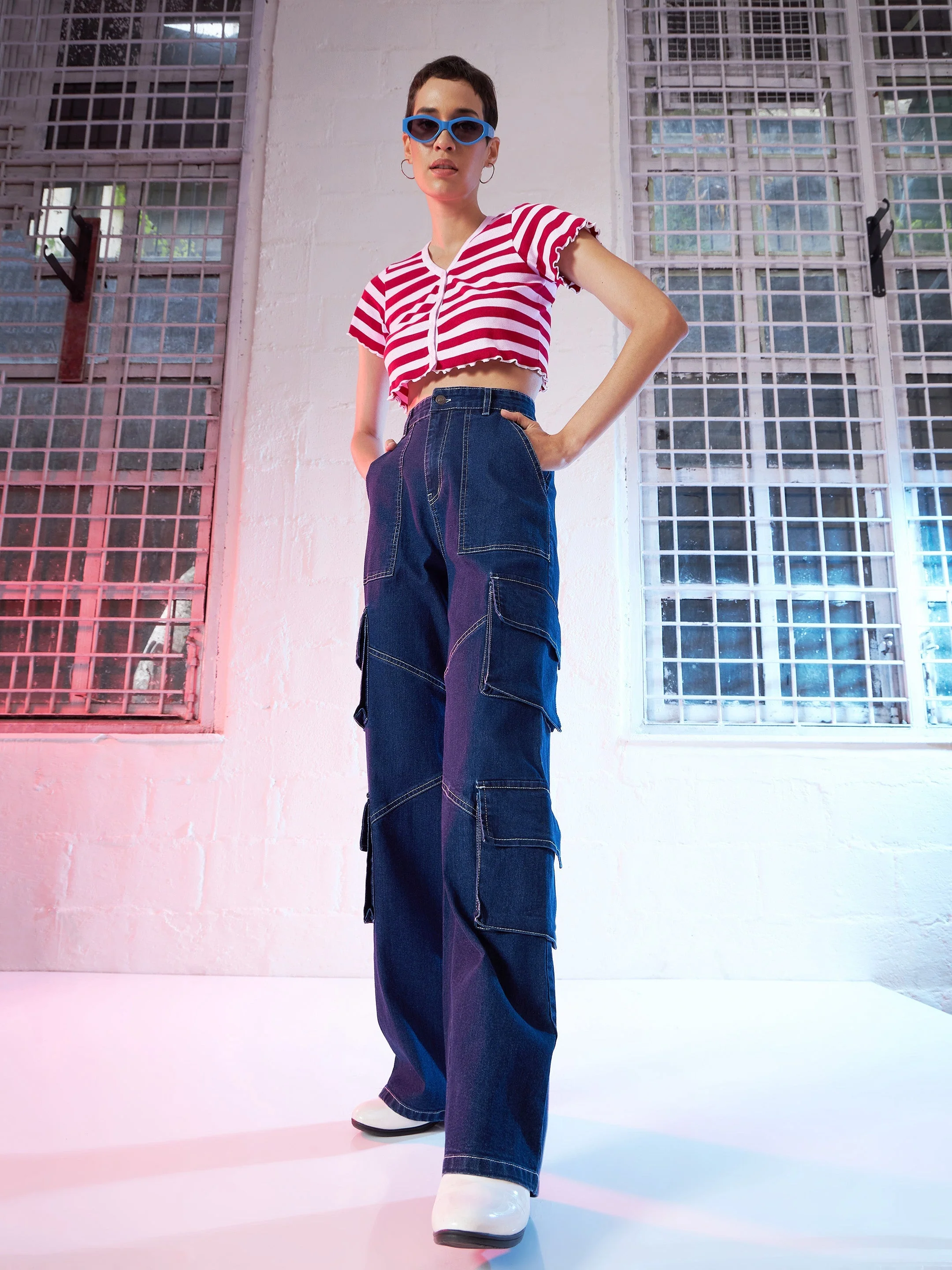 Women Red & Pink Stripes V-Neck Rib Crop Top - Image 2